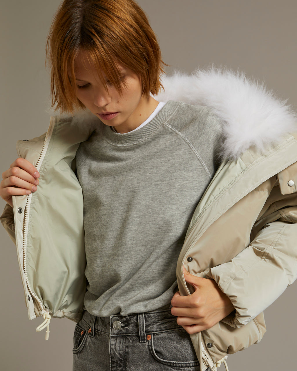 Cropped down jacket in a water-repellent glossy technical fabric with  fluffy lambswool collar trim