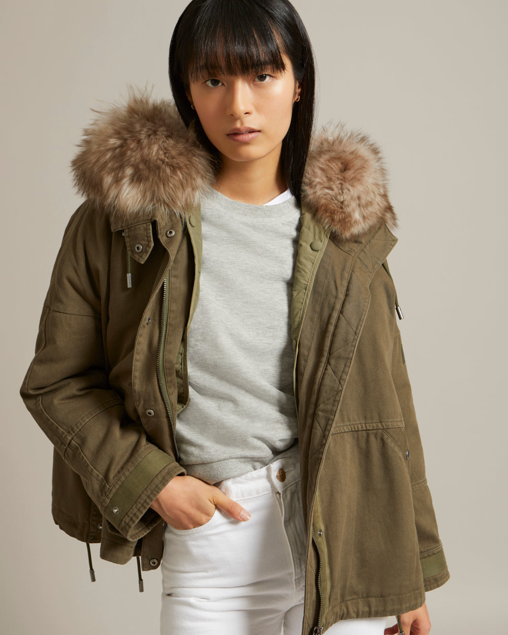 Cropped parka in cotton gabardine with fluffy lambswool hood trim - khaki -  Yves Salomon – Yves Salomon US