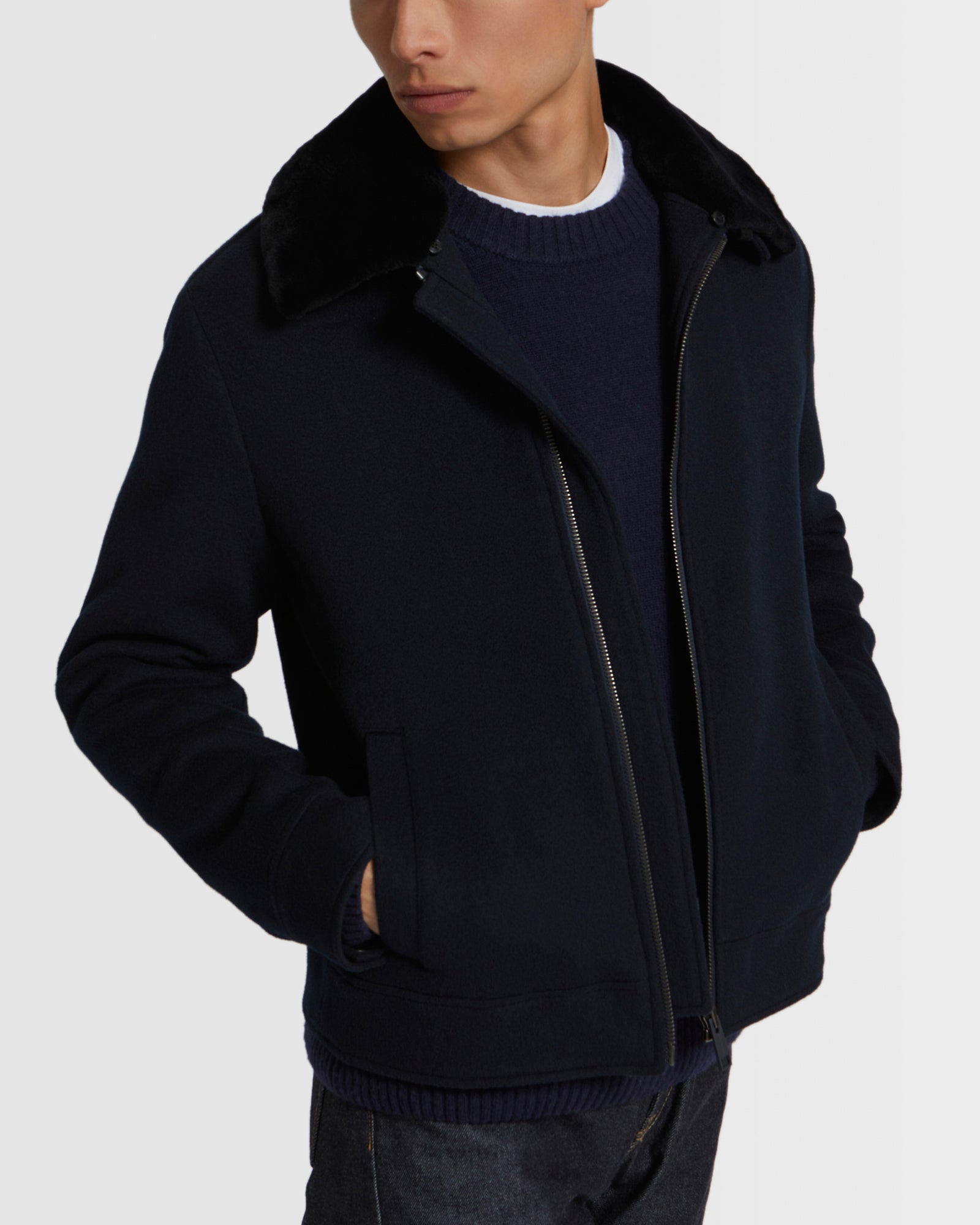 Double-Sided Wool-Cashmere Fabric Zipped Jacket With Mink Collar