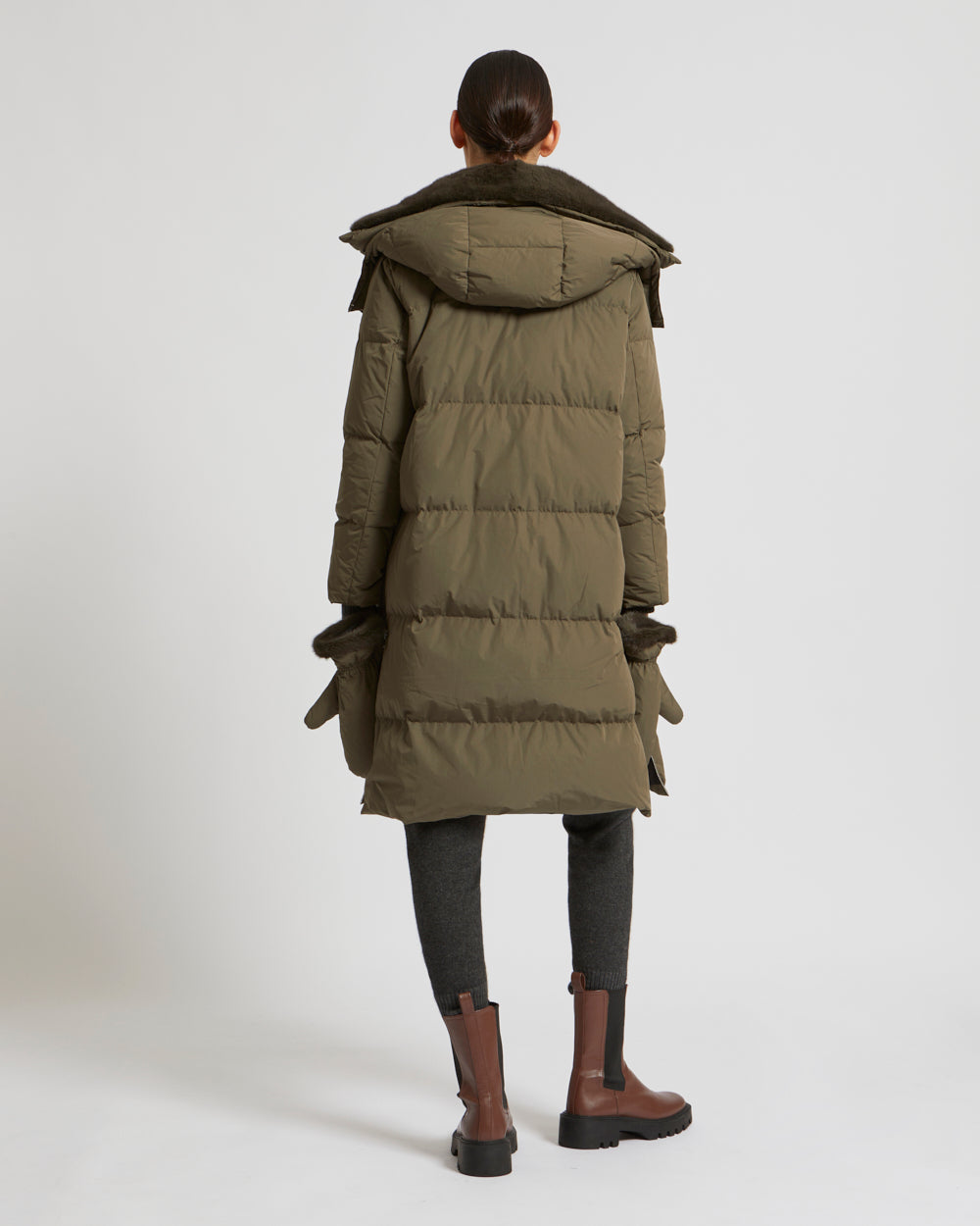 Long down jacket in waterproof technical fabric with mink fur collar - khaki - Yves Salomon