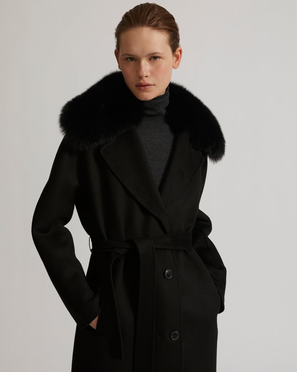 Essential Sophistication Black Faux Fur Collar Belted Coat
