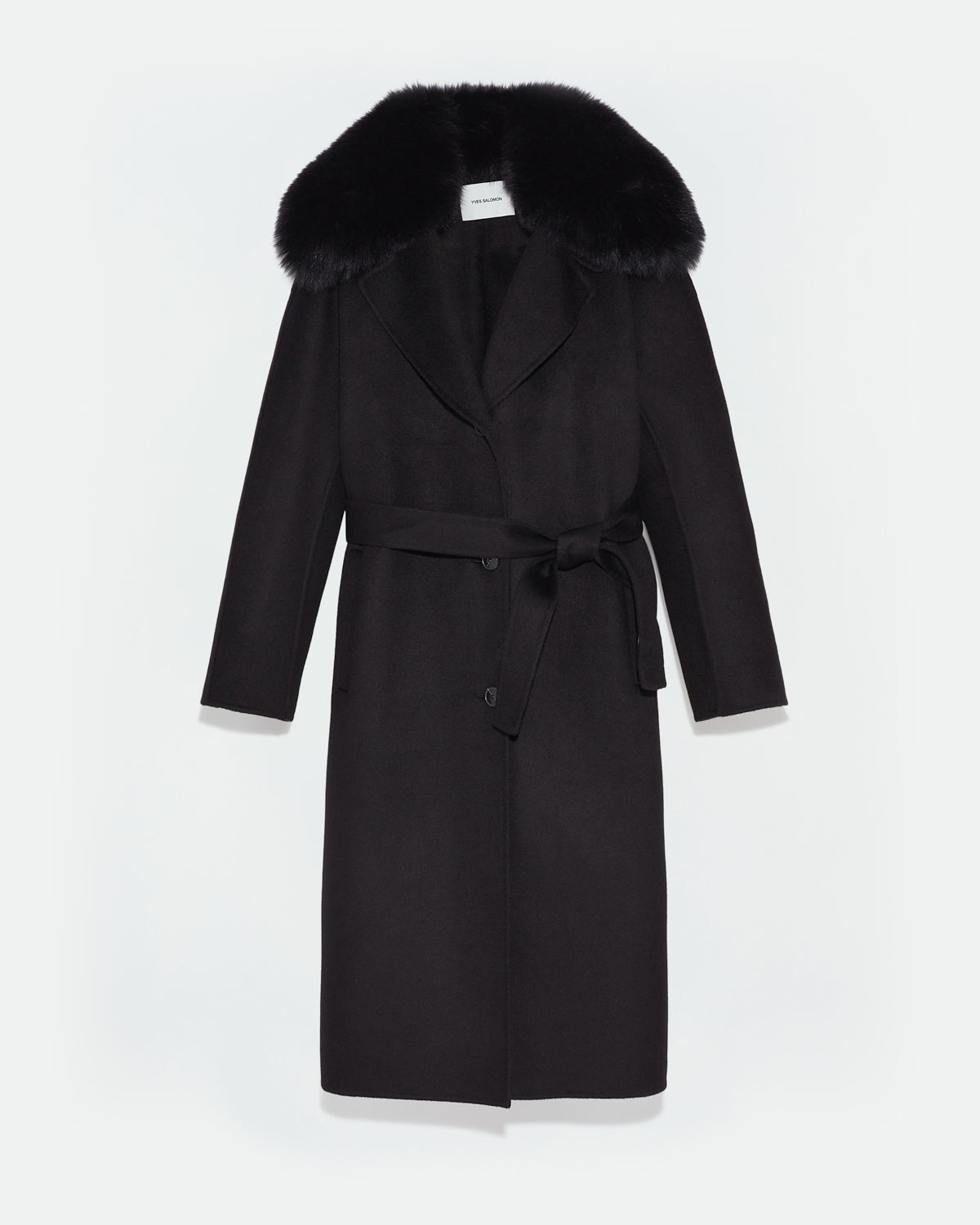 Belted coat in cashmere with fox fur collar black Yves Salomon