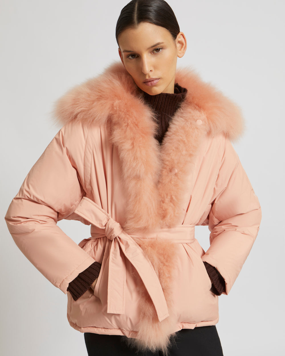 Missguided ski belted jacket with fur hood in pink