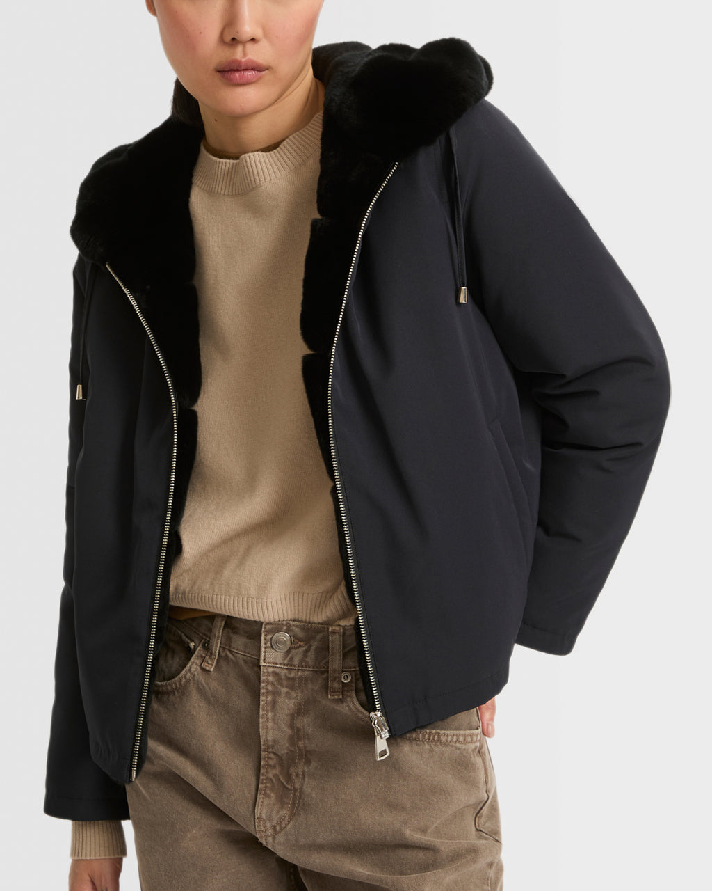 Short reversible parka in fabric and rex rabbit fur - black