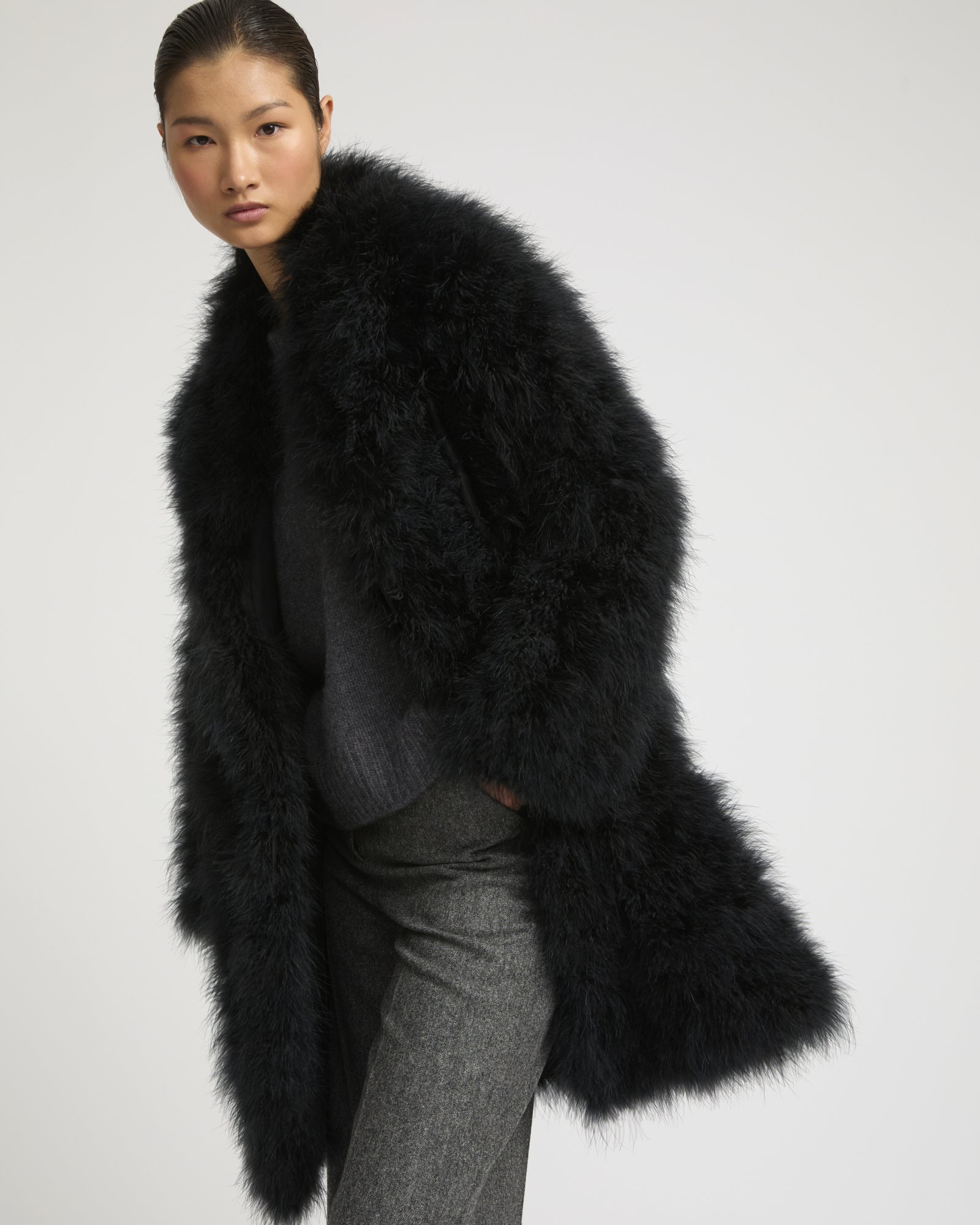 Feather shawl collar coat - black - Winter sale – Yves Salomon US