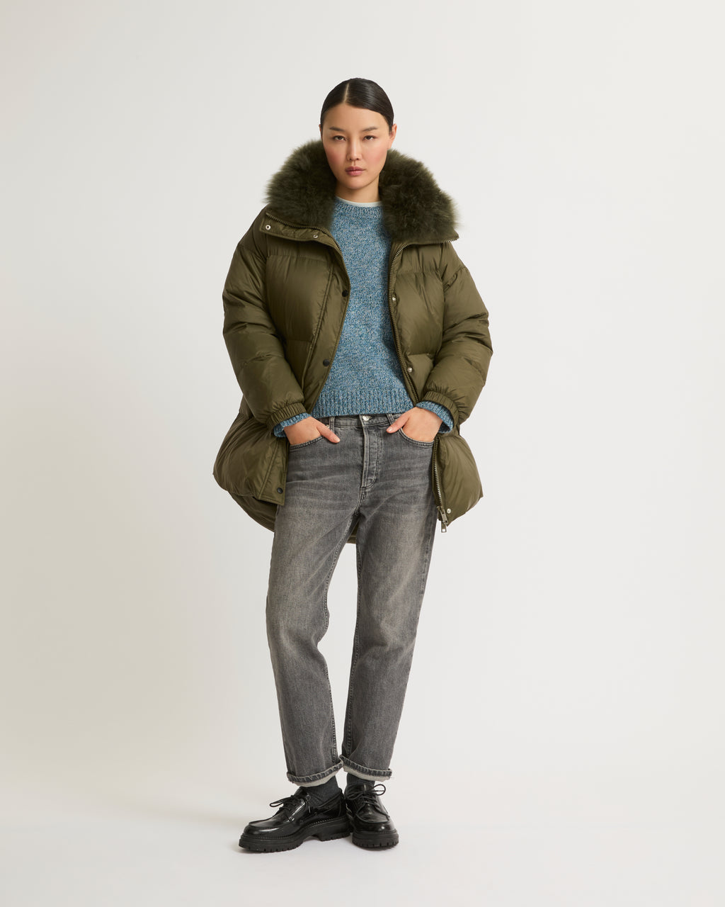 Stand collar down jacket with fluffy lambswool trim - khaki green - Yves  Salomon – Yves Salomon US