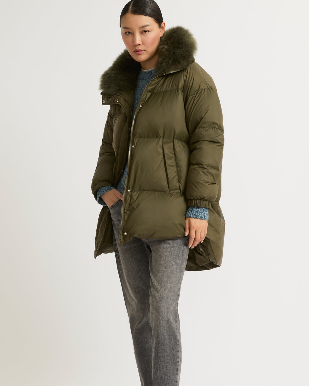 Stand collar down jacket with fluffy lambswool trim - khaki green - Yves  Salomon – Yves Salomon US