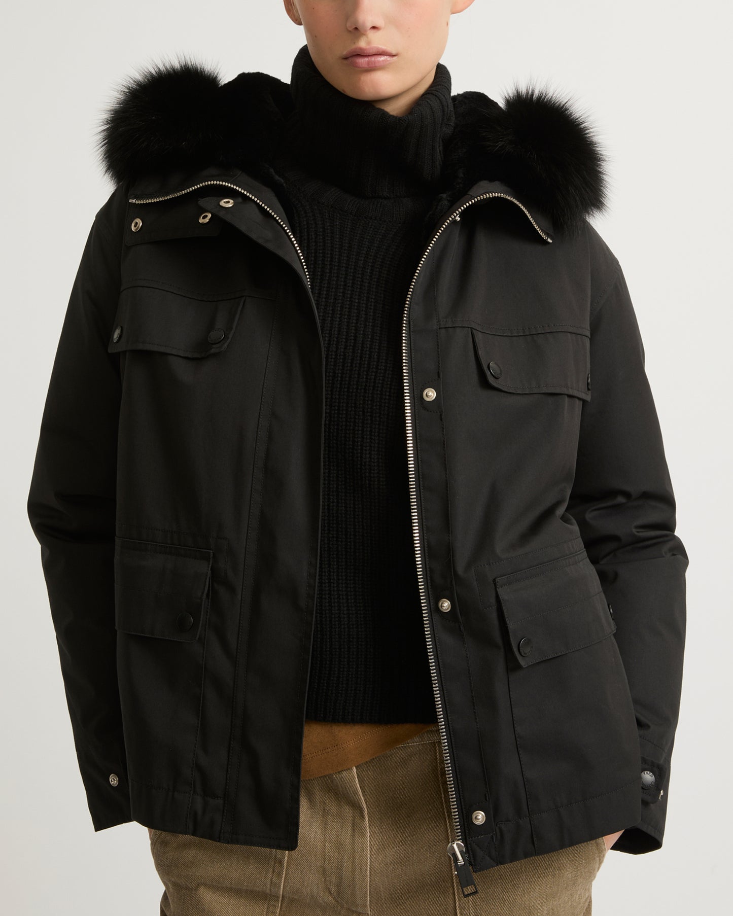 Short waterproof parka in cotton blend with fox and rabbit fur