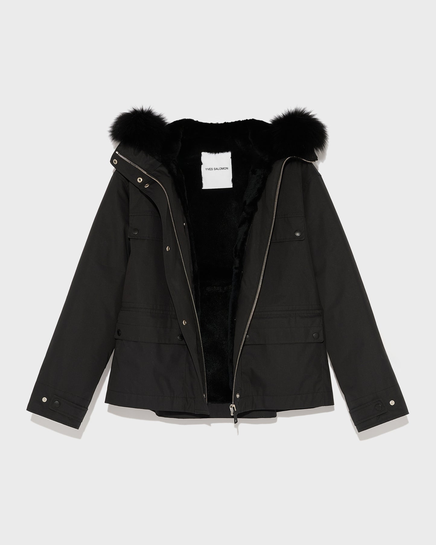 Short waterproof parka in cotton blend with fox and rabbit fur