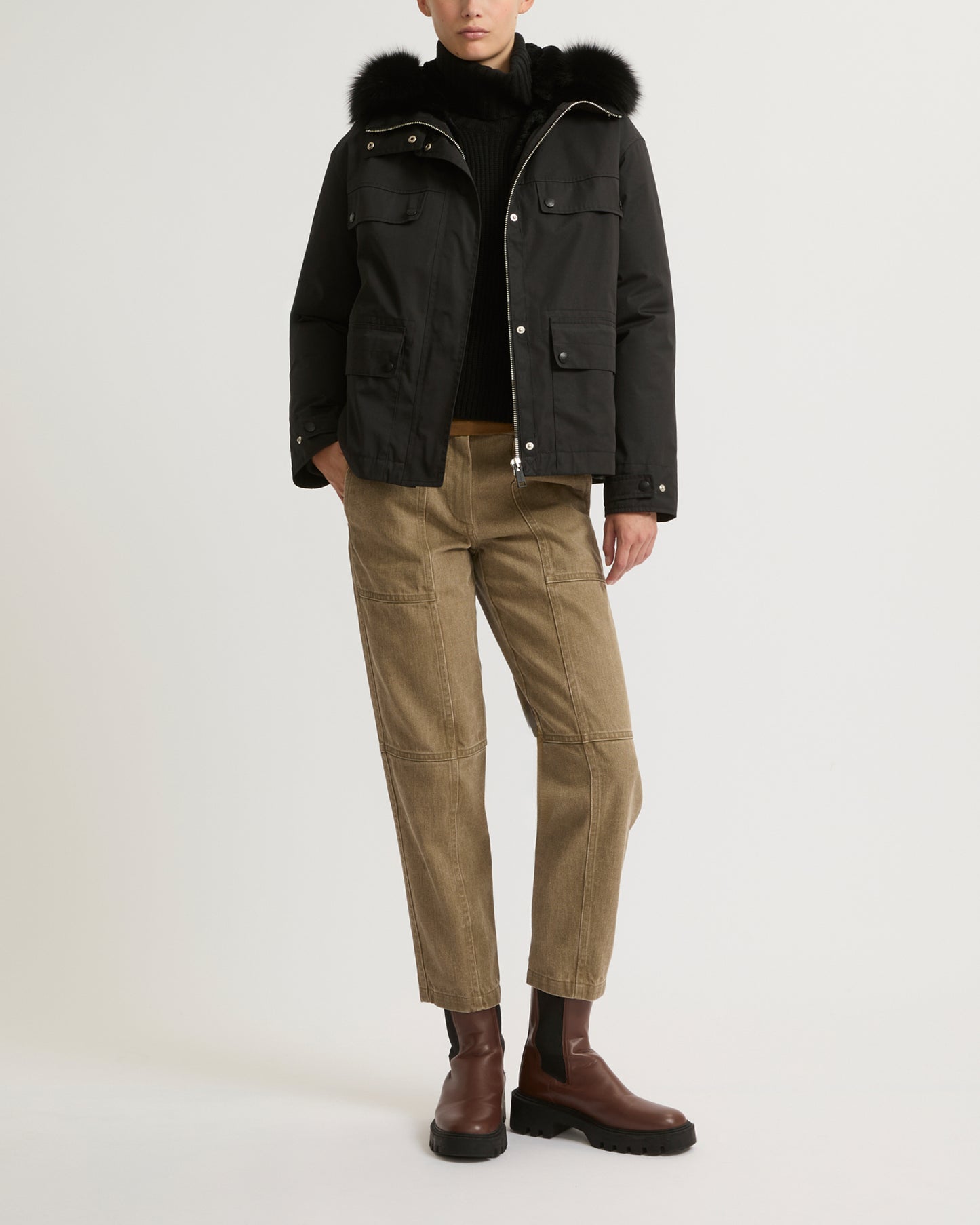 Short waterproof parka in cotton blend with fox and rabbit fur