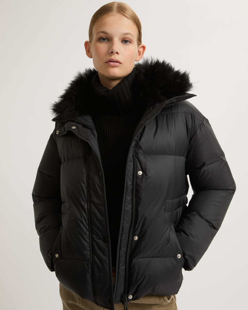Down jacket with fluffy lambswool trim - black - Yves Down jacket with fluffy lambswool trim - black - Yves