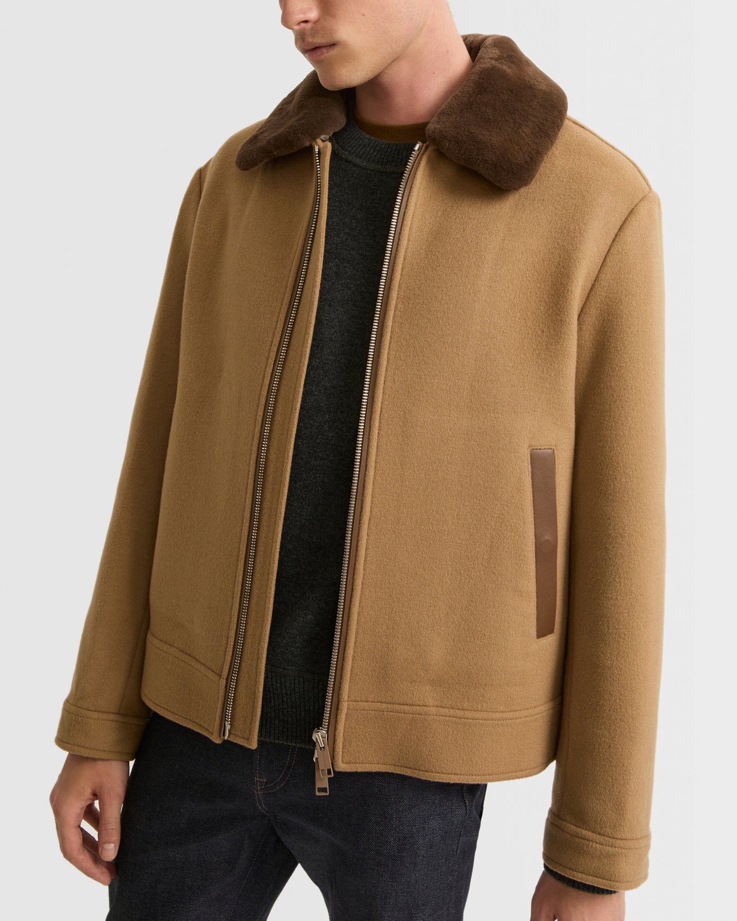 Zipped jacket in double-sided wool-cashmere fabric with mink collar