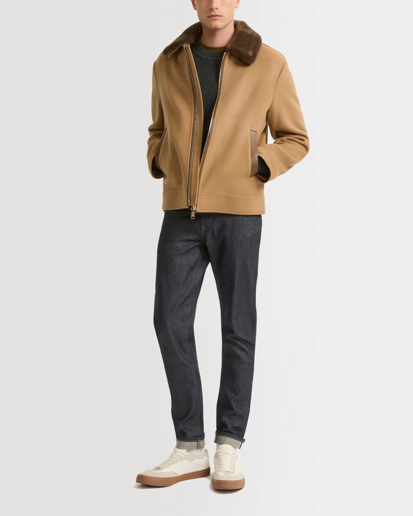 Zipped jacket in double-sided wool-cashmere fabric with mink collar
