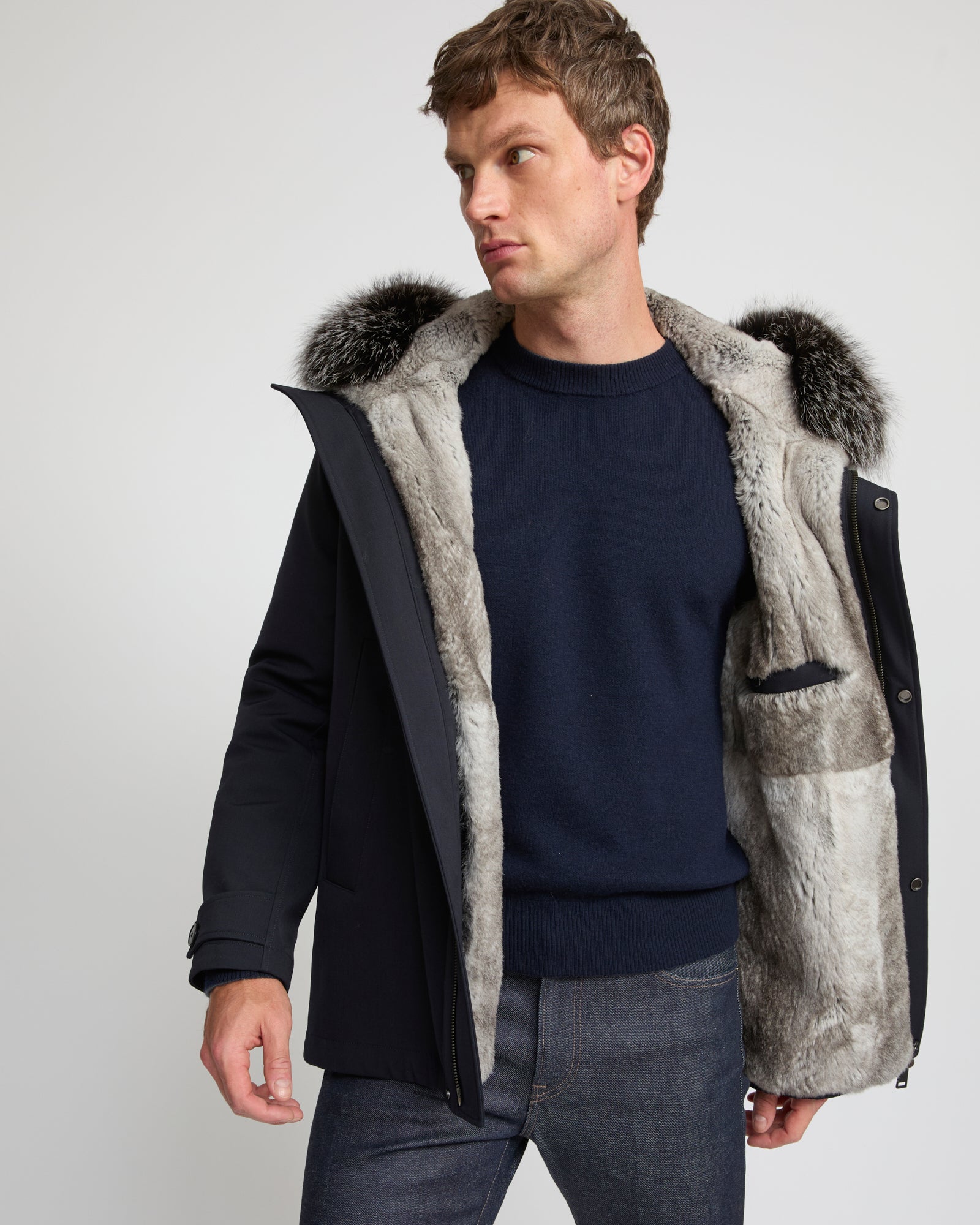 Short parka in technical wool and fox and rabbit fur - Yves Salomon