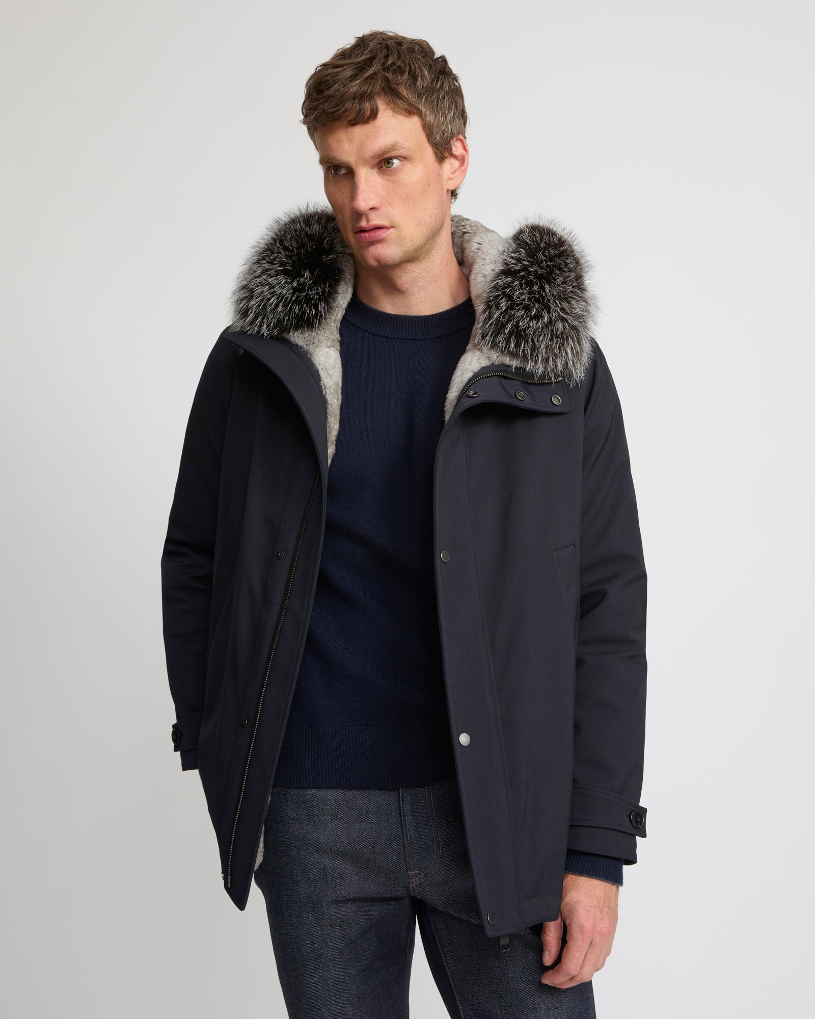 Short parka in technical wool and fox and rabbit fur - Yves Salomon