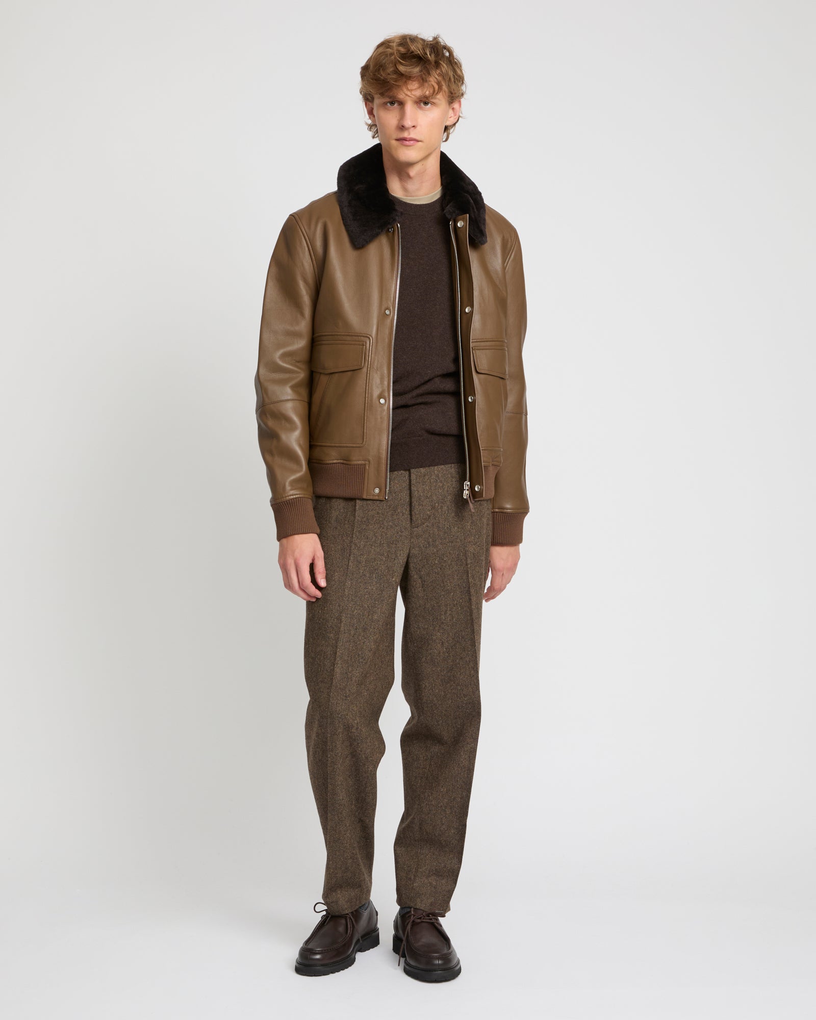 Leather aviator jacket with Merino lambskin shearling collar -Yves Salomon