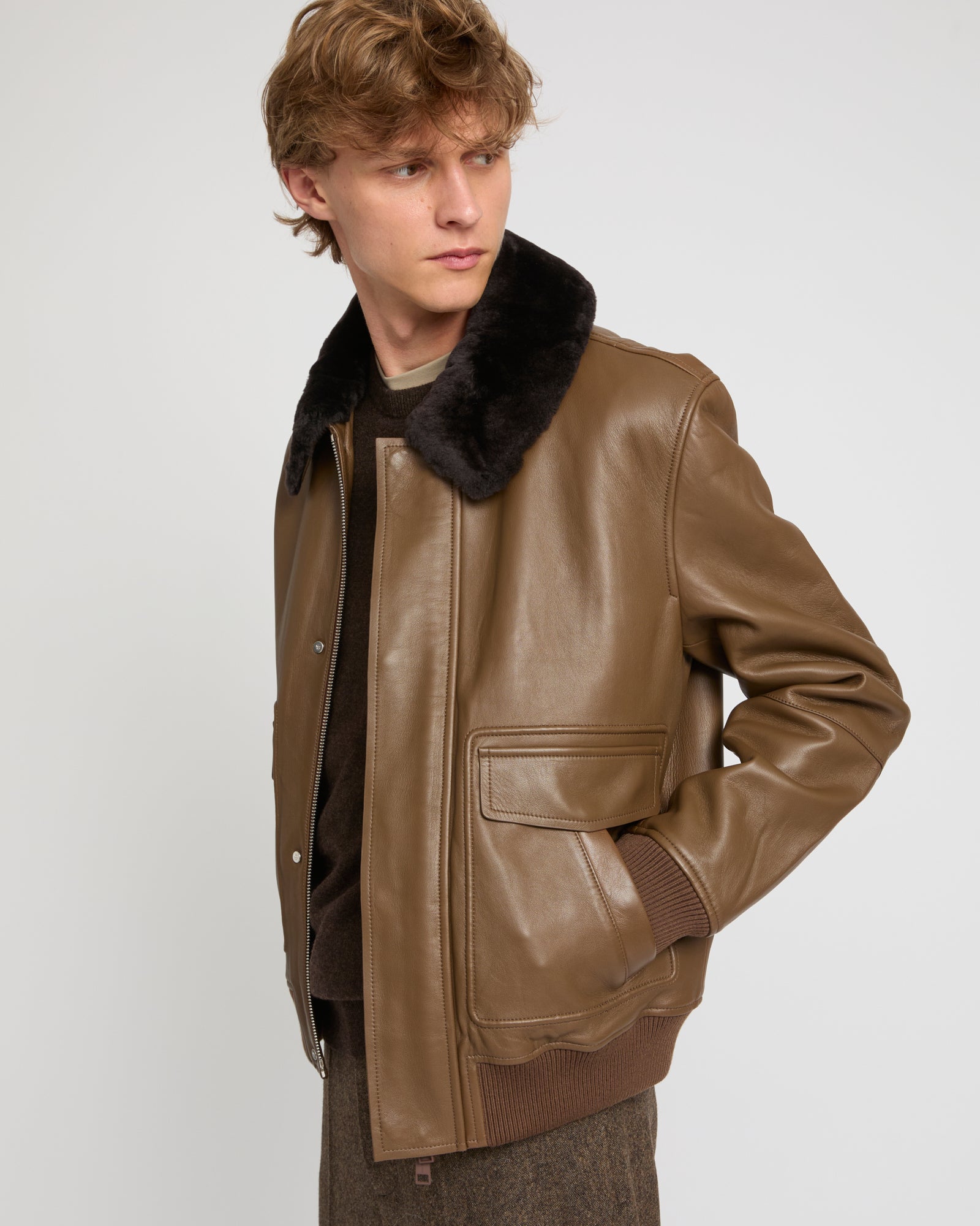 Leather aviator jacket with Merino lambskin shearling collar -Yves Salomon
