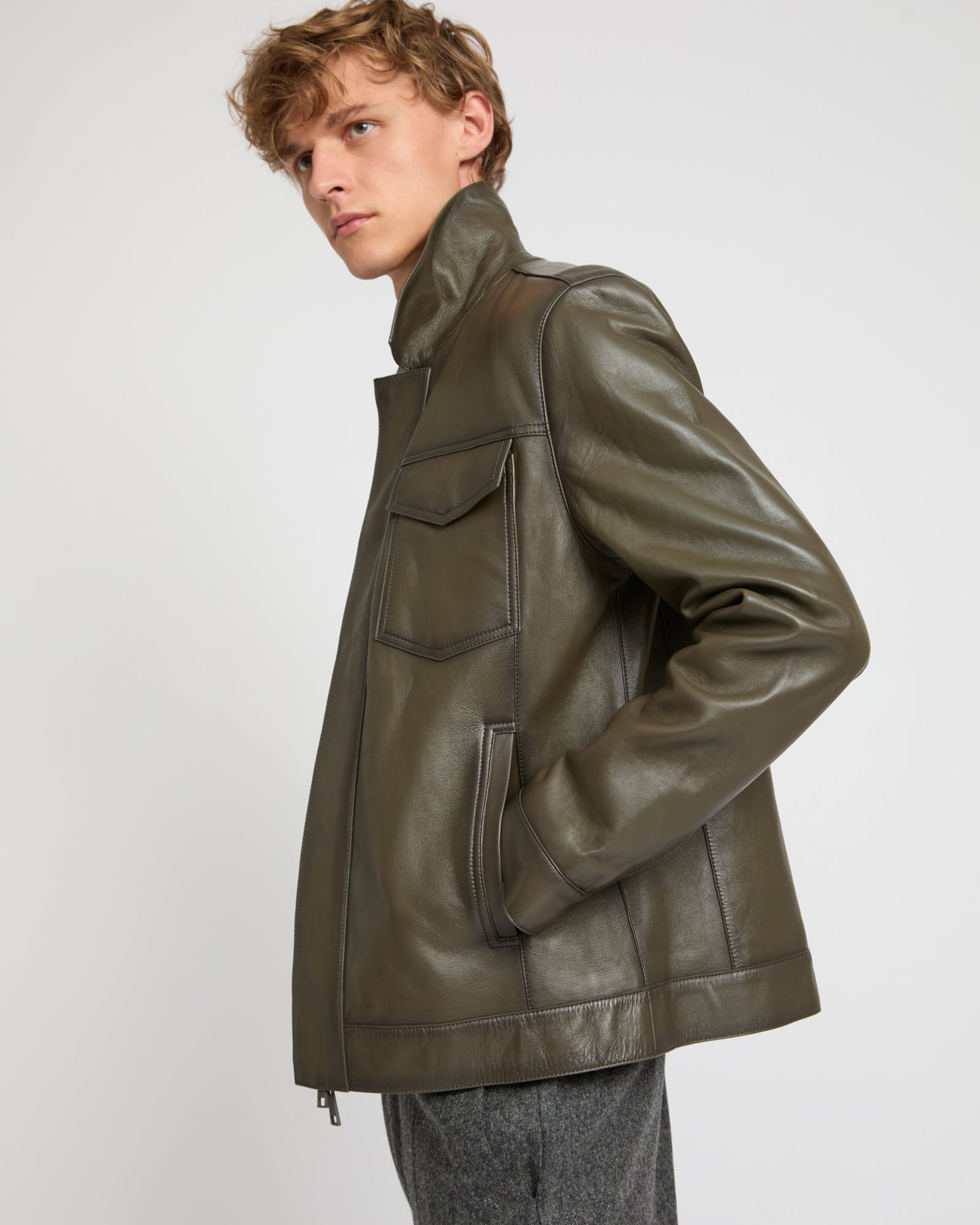 Denim jacket style leather jacket - khaki - Yves Salomon – Yves