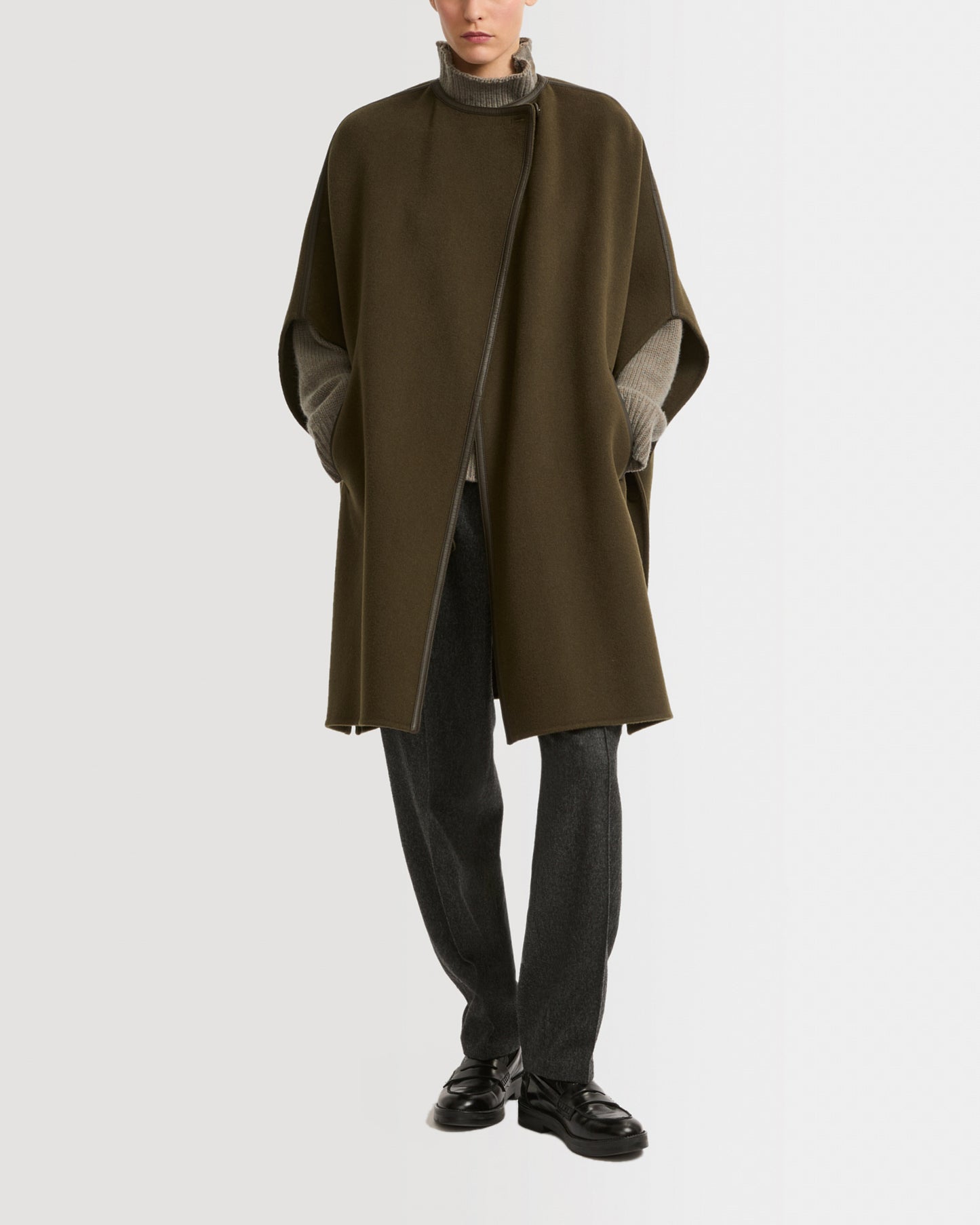 Double-sided wool cashmere blend cape with leather button -Yves Salomon