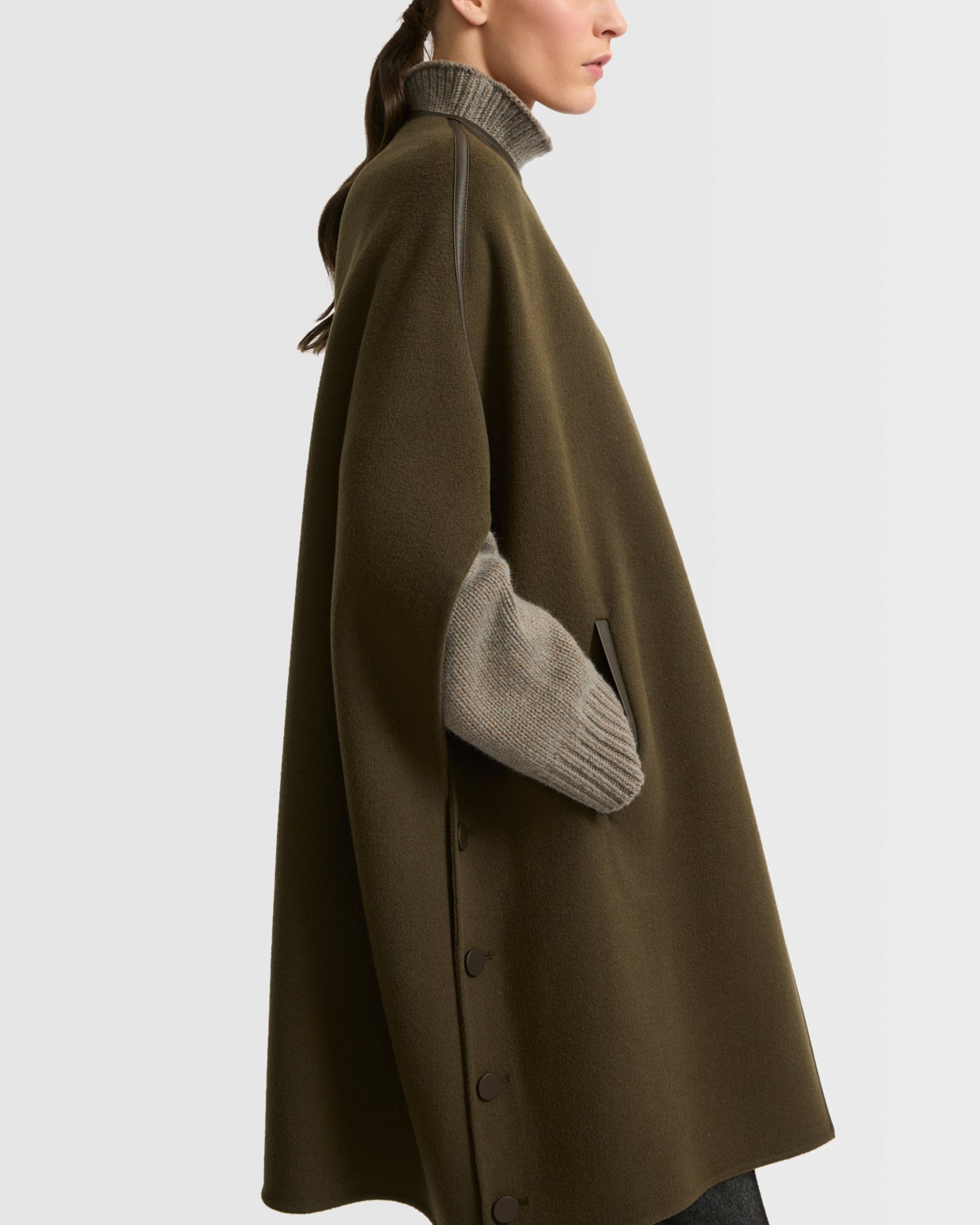 Double-sided wool cashmere blend cape with leather button -Yves Salomon