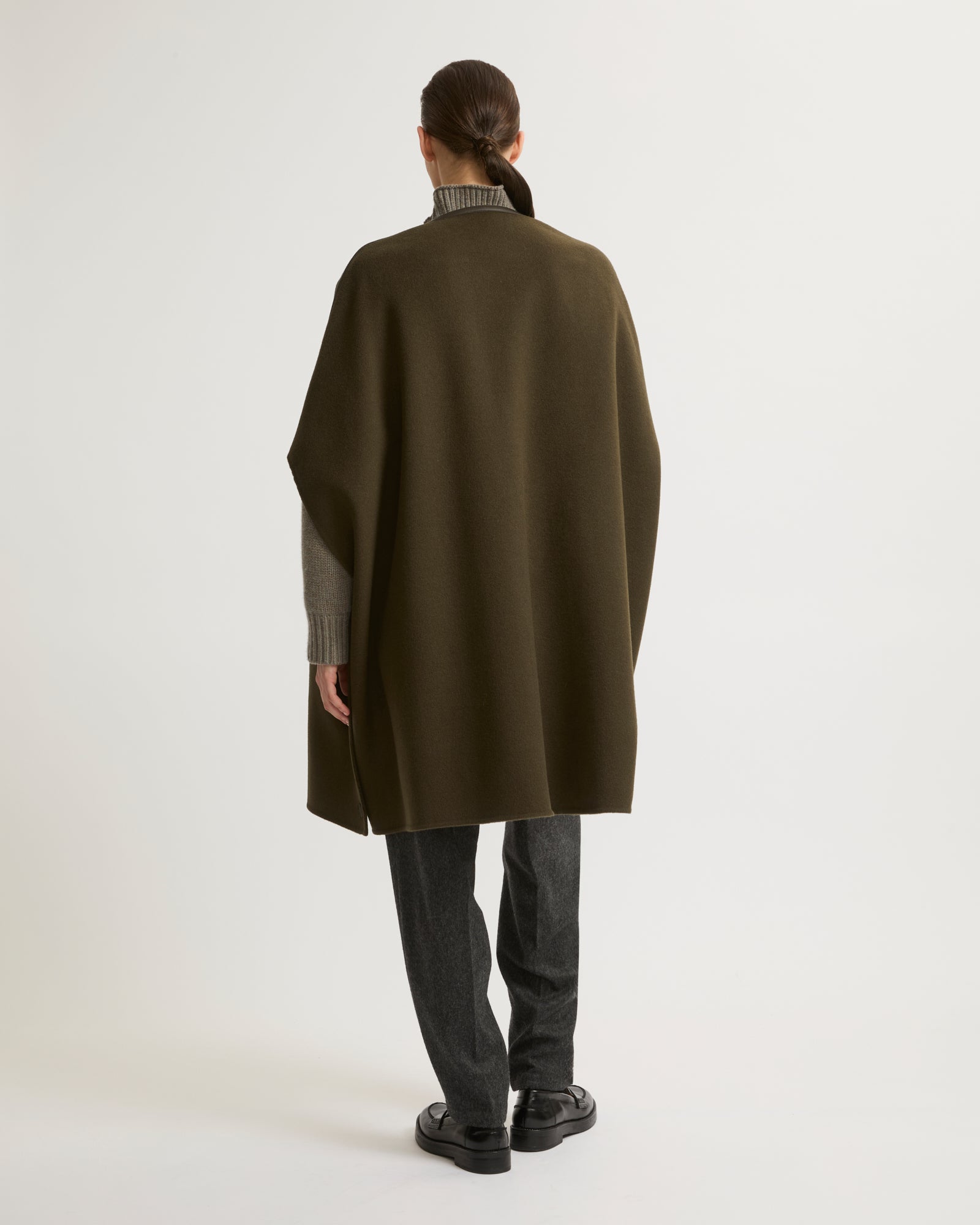 Double-sided wool cashmere blend cape with leather button -Yves Salomon
