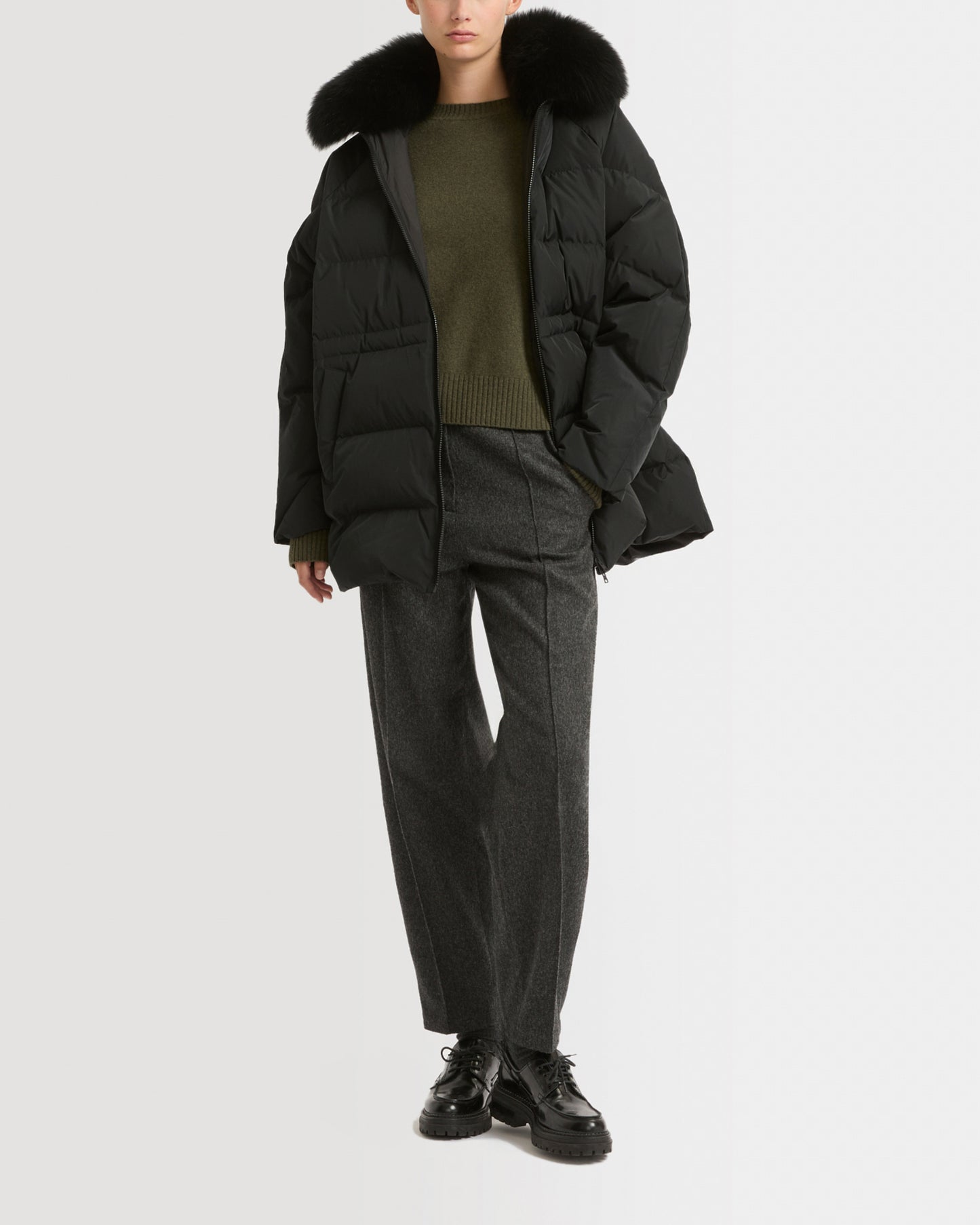 Technical fabric down jacket with detachable fox fur collar