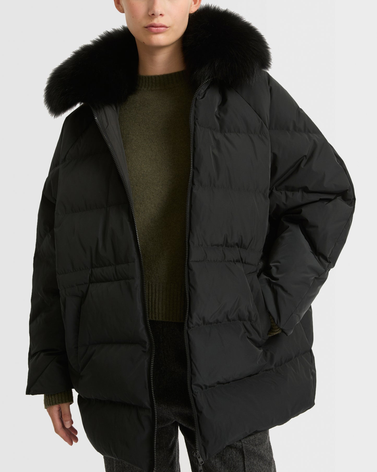 Technical fabric down jacket with detachable fox fur collar