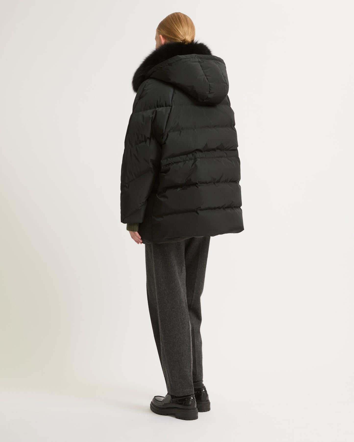 Technical fabric down jacket with detachable fox fur collar