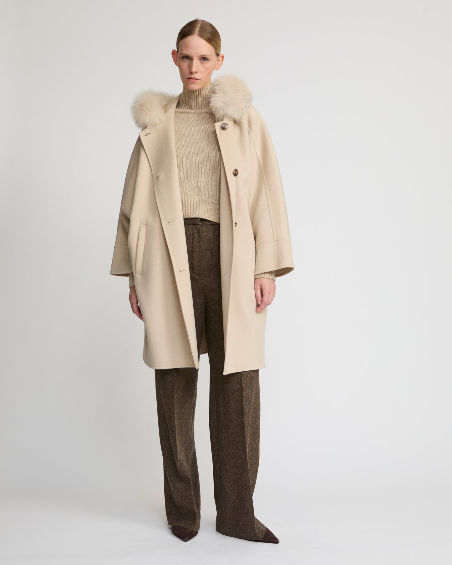 Cashmere blend hooded cape with fox trim - Yves Salomon