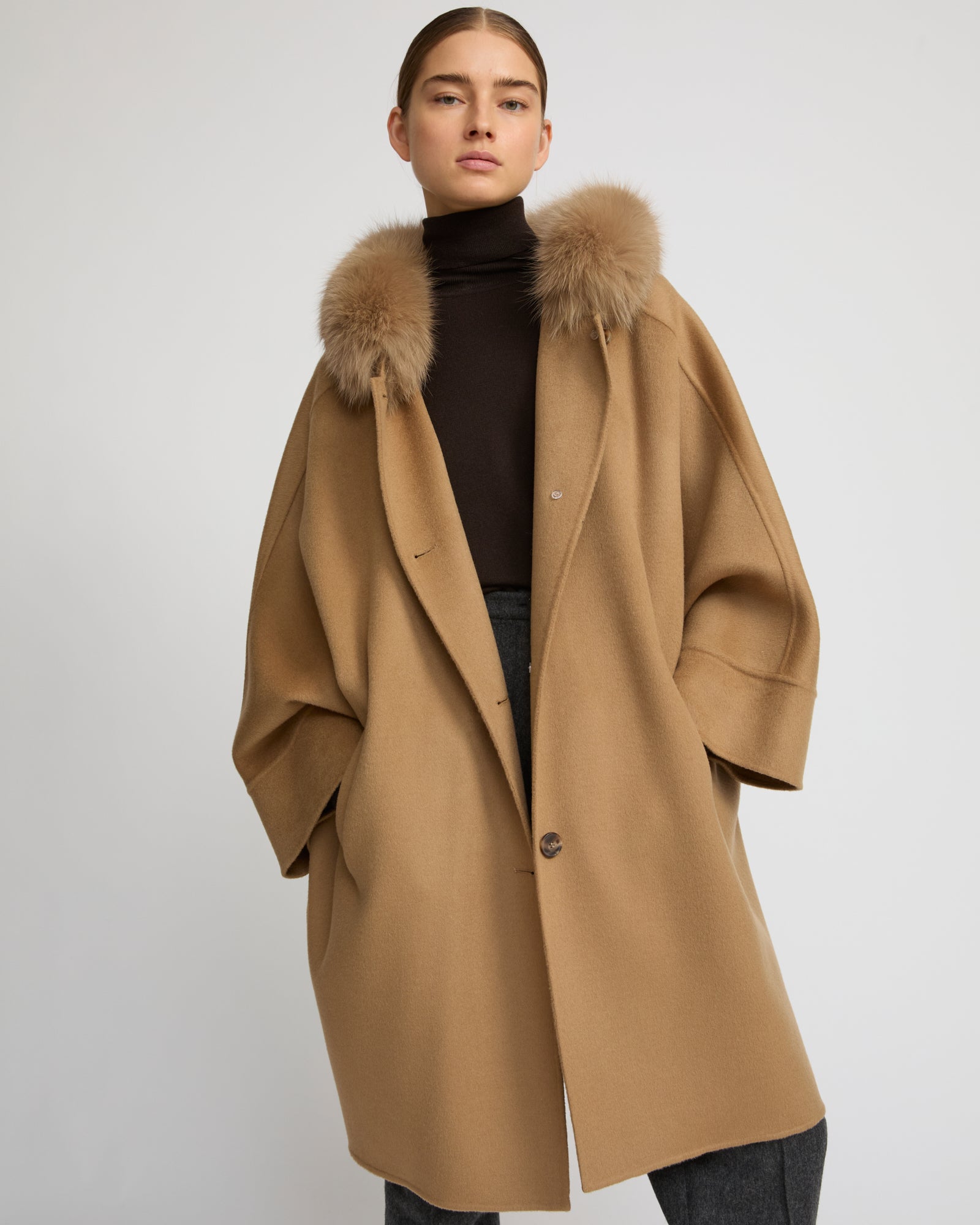 Cashmere blend hooded cape with fox trim - camel - Winter sale