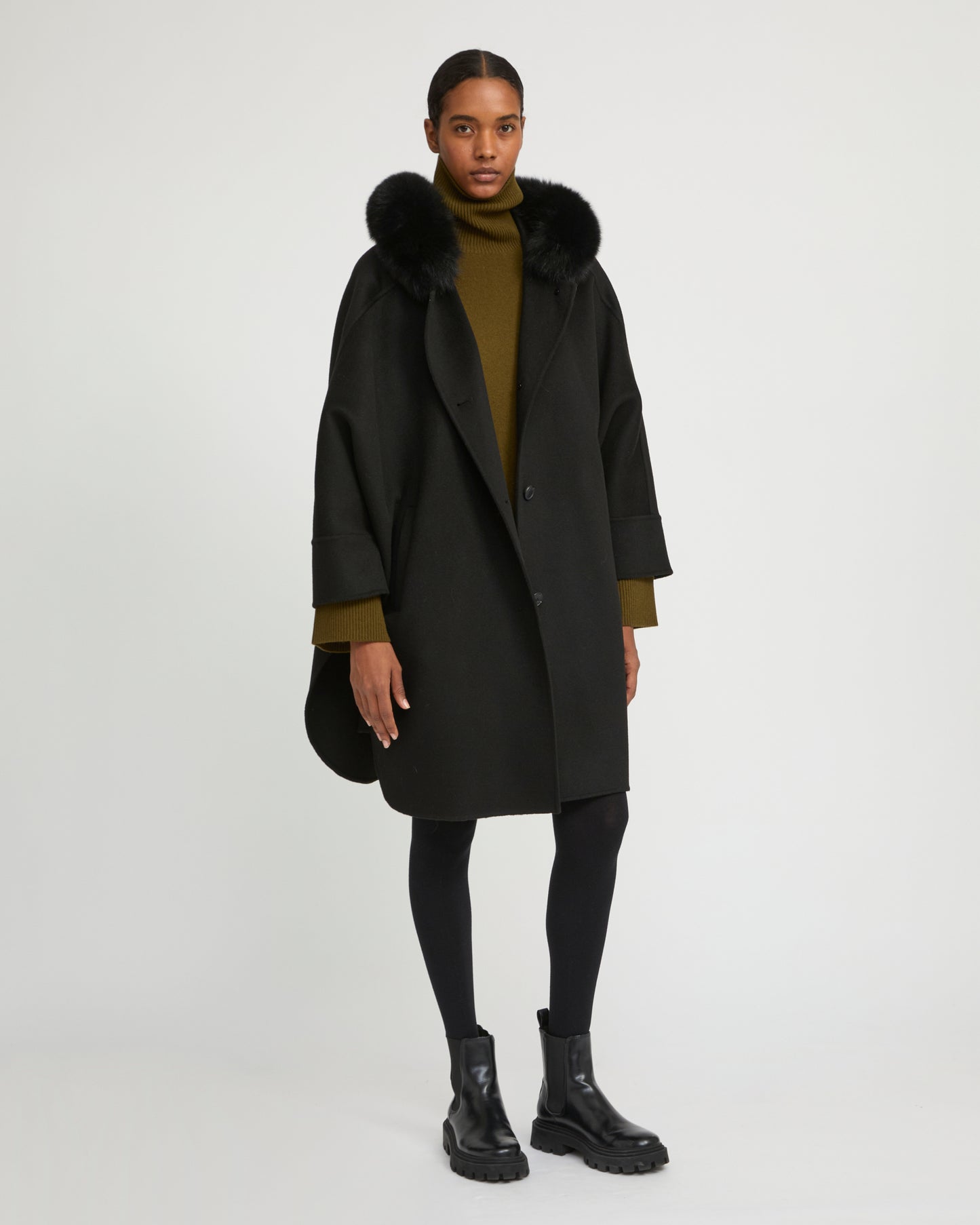Cashmere blend hooded cape with fox trim - Yves Salomon