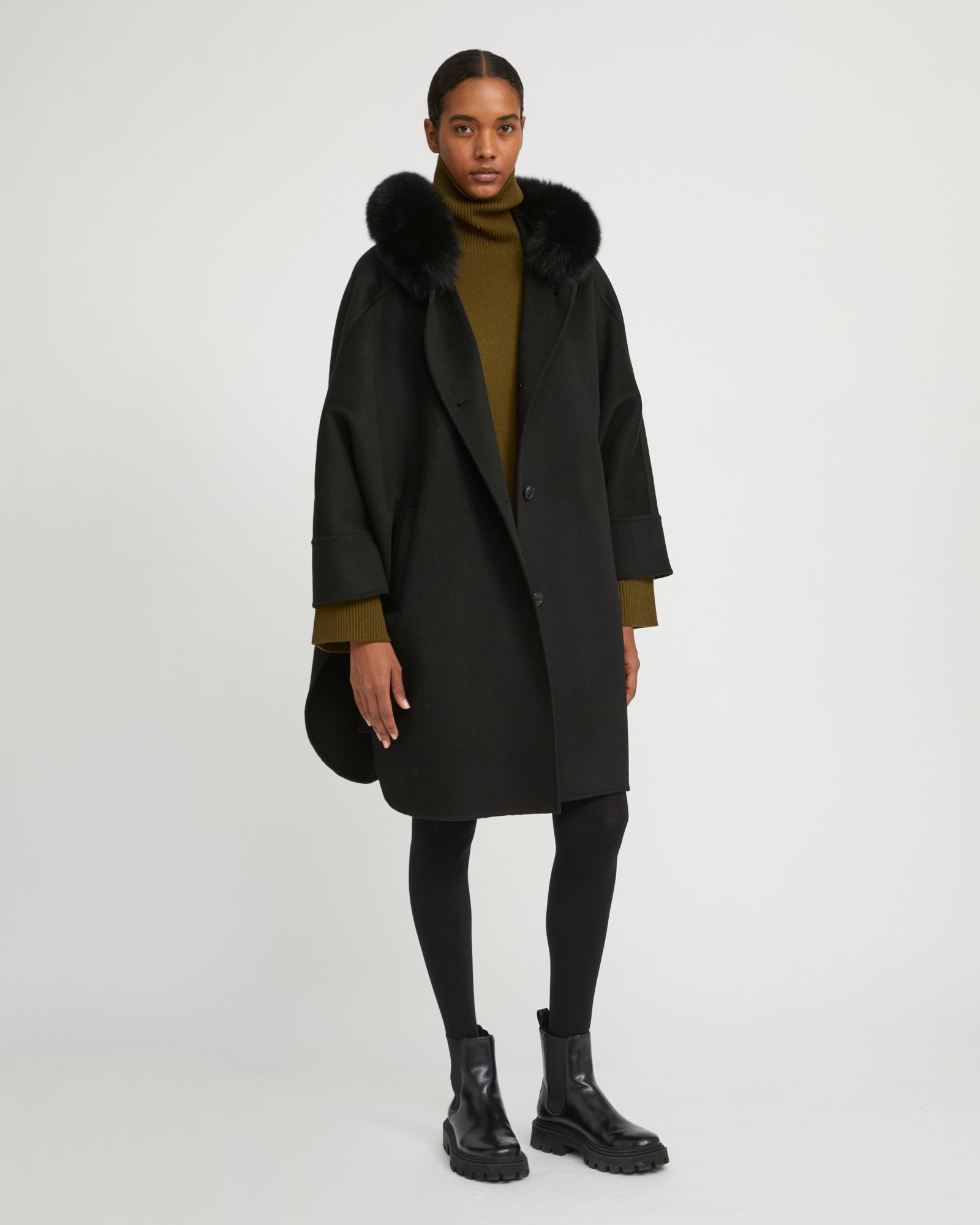 Cashmere blend hooded cape with fox trim - Yves Salomon