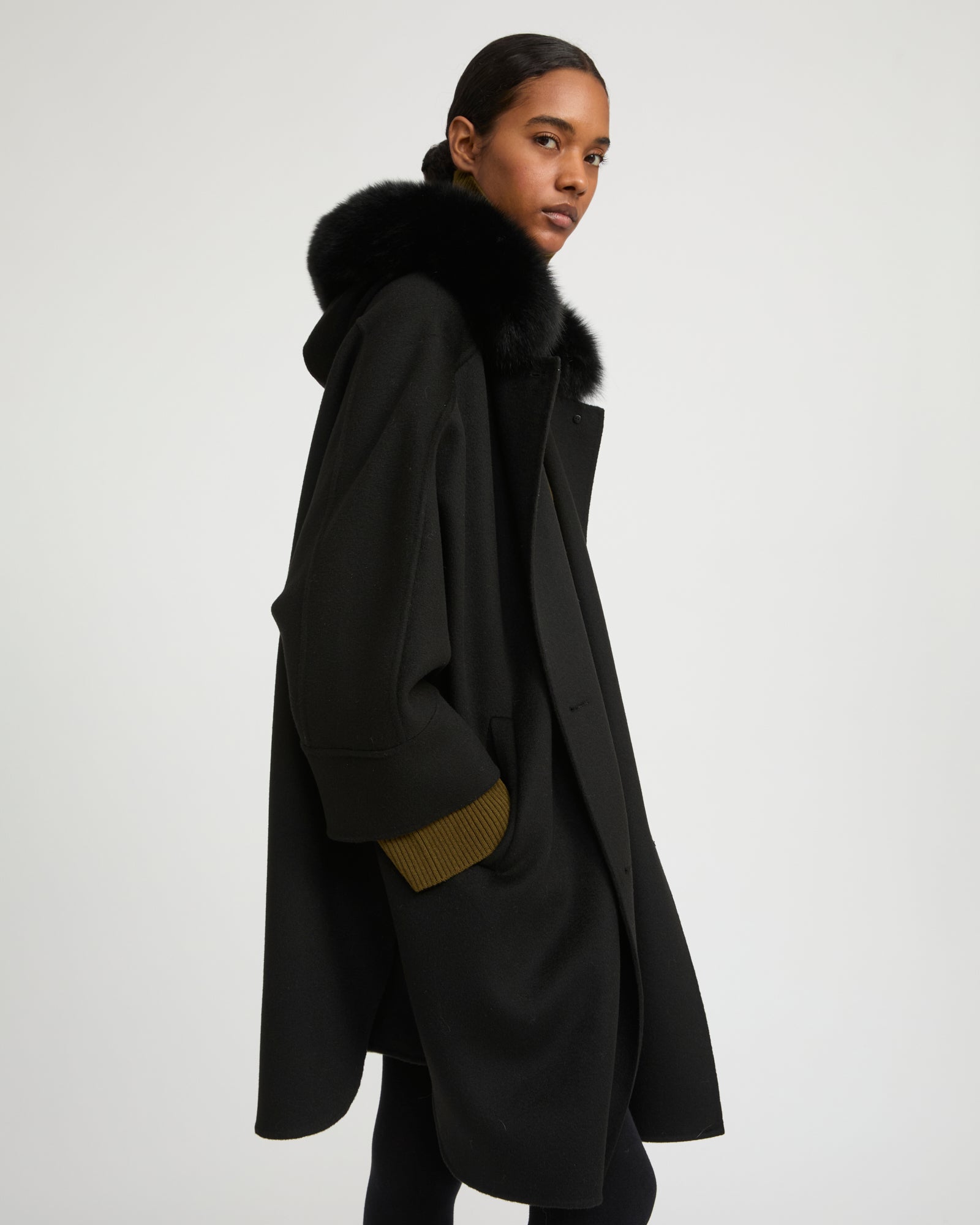 Cashmere blend hooded cape with fox trim - Yves Salomon