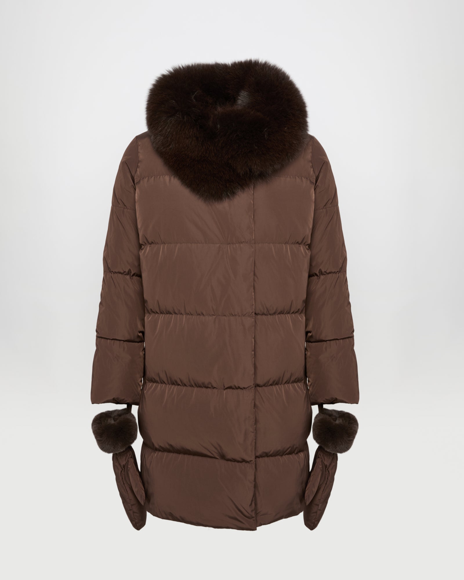 Long belted down jacket in technical fabric with detachable fox fur collar -Yves Salomon