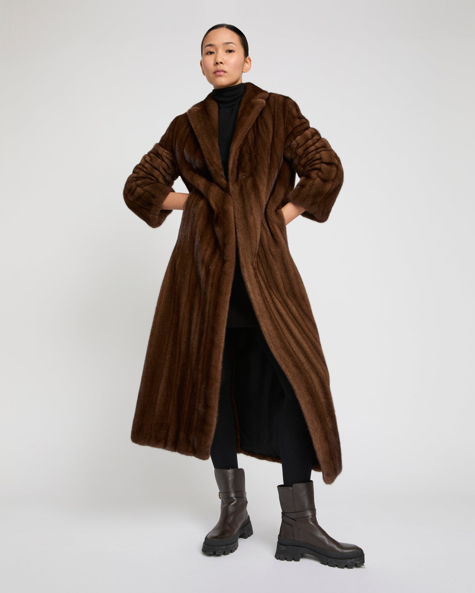 YVES SALOMON ダークブラウン ミンクコート　サイズ36 Long hooded coat in long-haired mink fur - brown - Yves Salomon