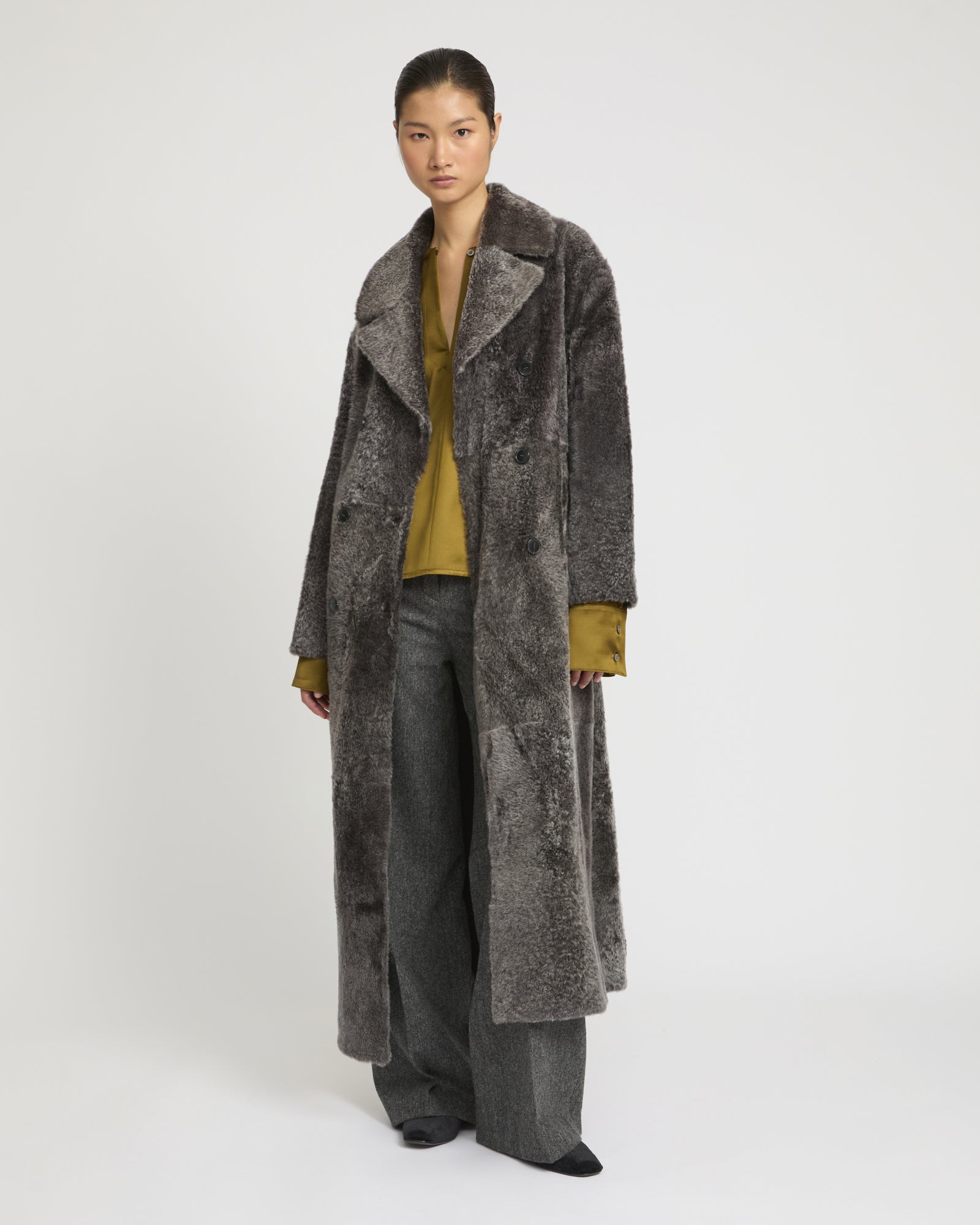 Double-breasted astrakan-style lambskin shearling coat - brown