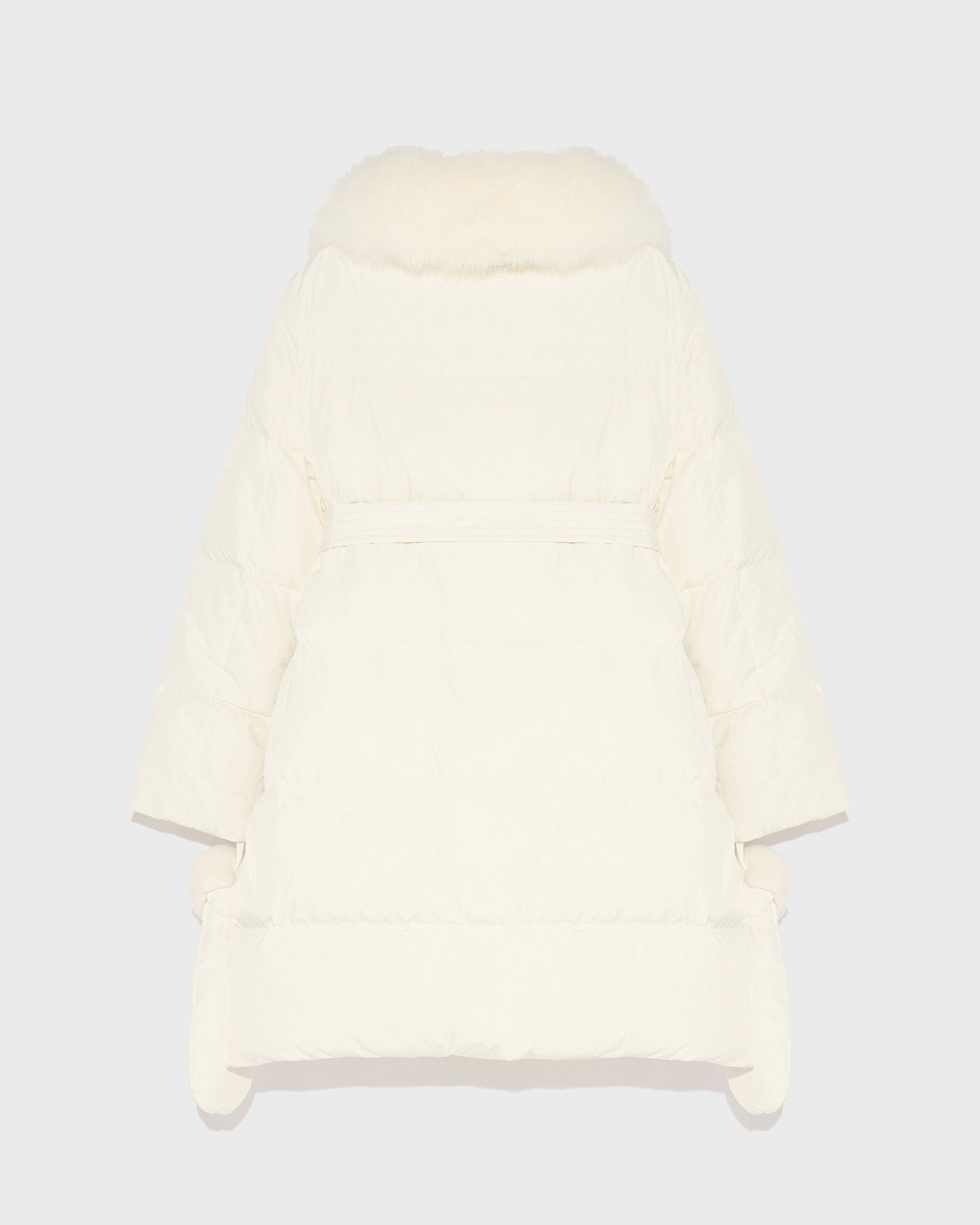 Long belted down jacket in technical fabric with fur collar -Yves Salomon