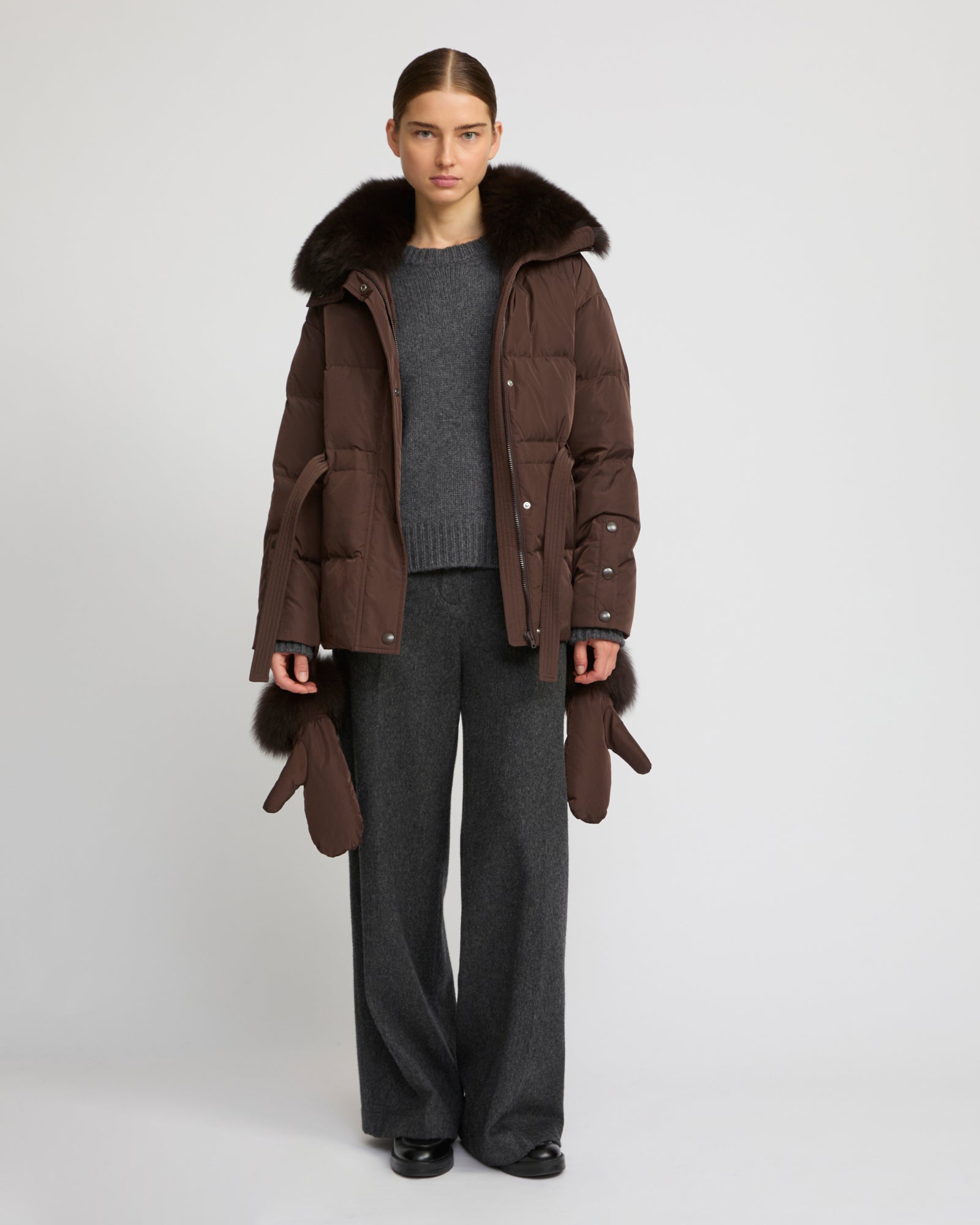 Belted technical fabric down jacket with detachable fox fur collar - Yves Salomon