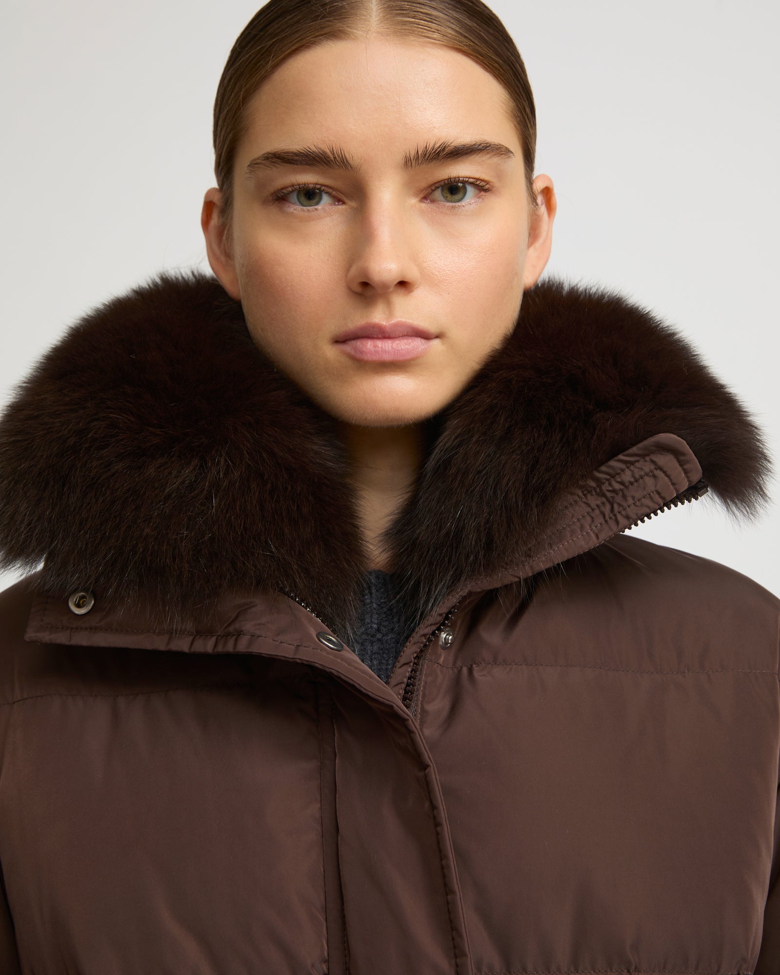 Belted technical fabric down jacket with detachable fox fur collar - Yves Salomon