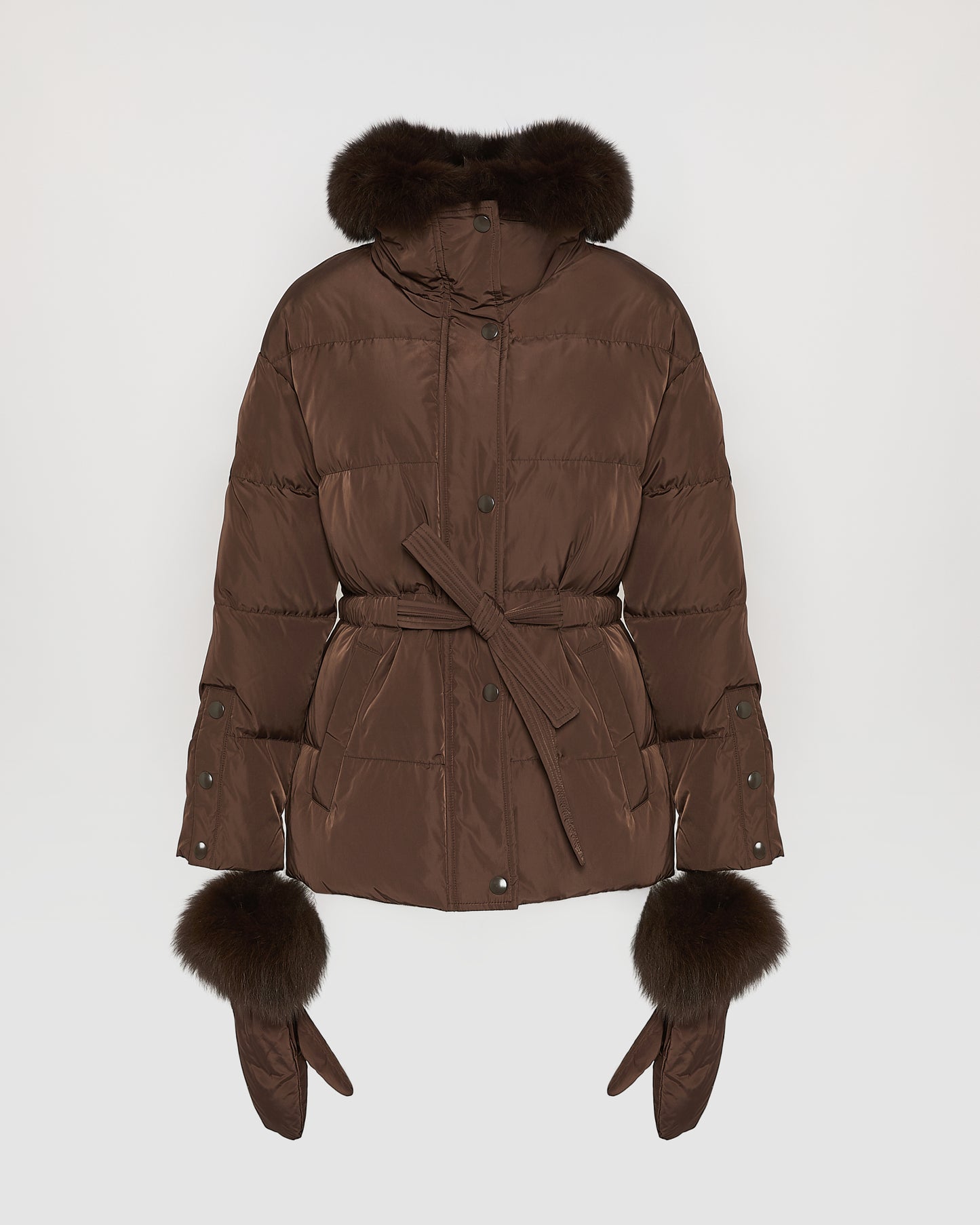 Belted technical fabric down jacket with detachable fox fur collar - Yves Salomon