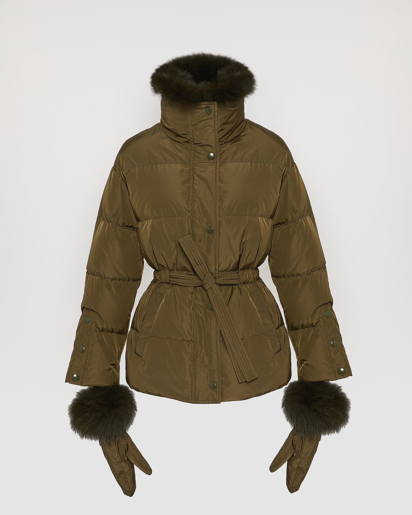 Belted technical fabric down jacket with detachable fox fur collar - Yves Salomon