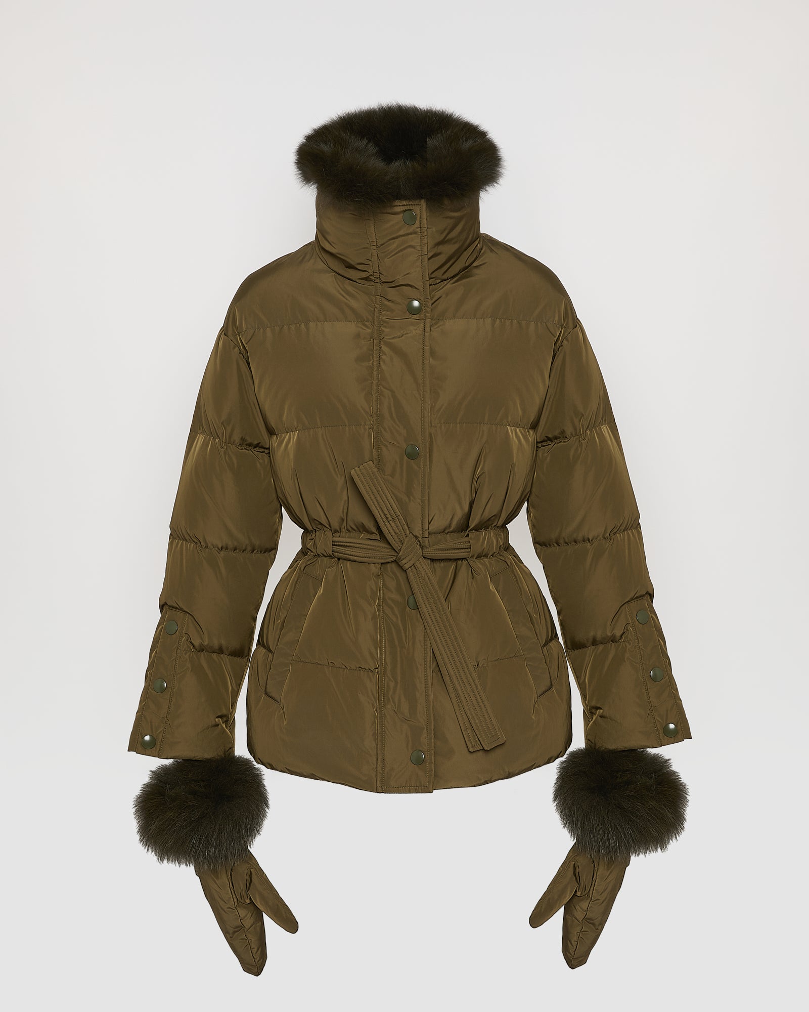 Belted technical fabric down jacket with detachable fox fur collar - Yves Salomon