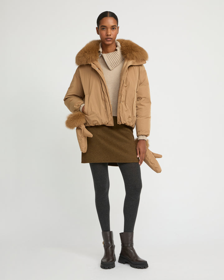 Short technical fabric down jacket with detachable fox fur collar - Yves Salomon