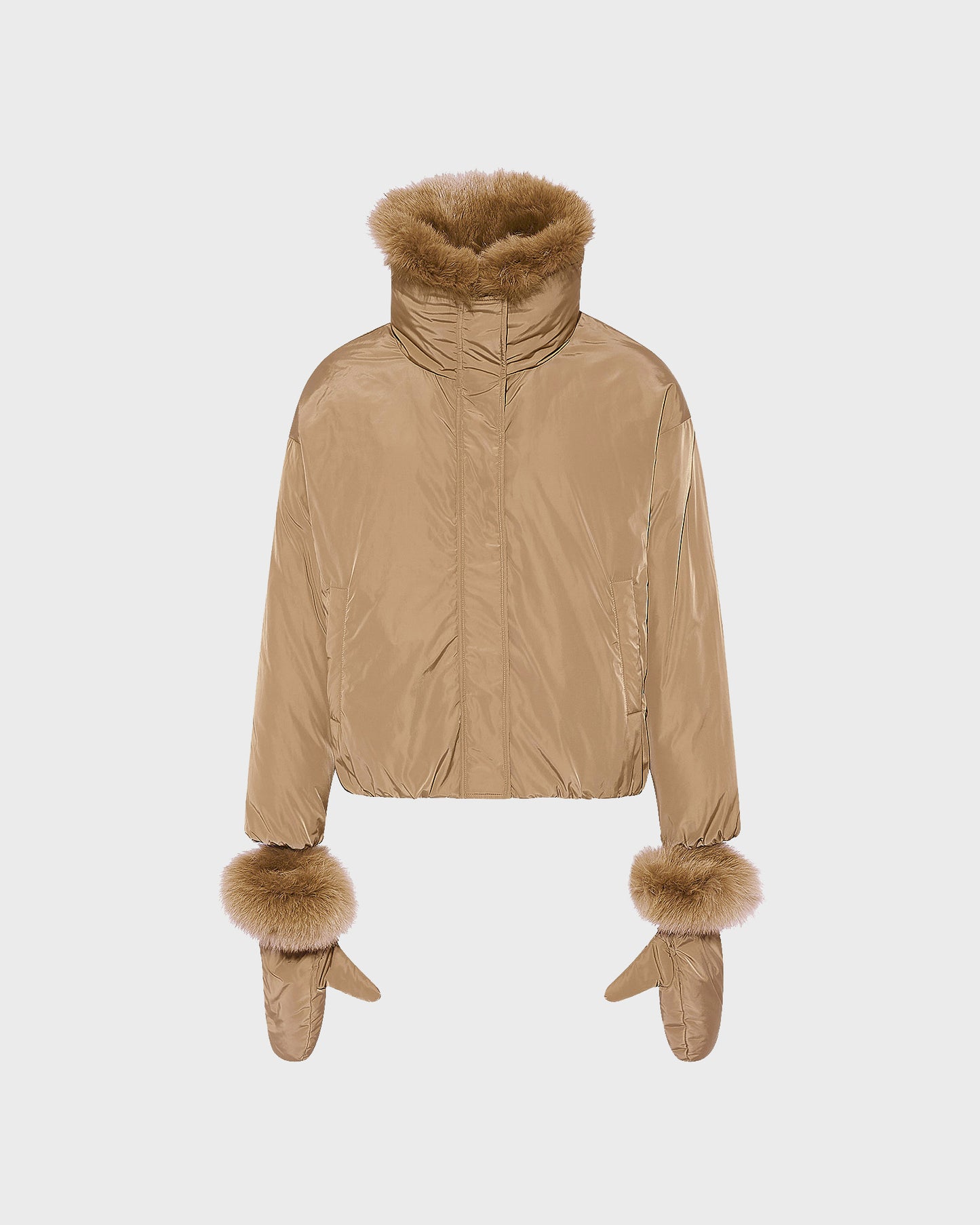 Short technical fabric down jacket with detachable fox fur collar -Yves Salomon