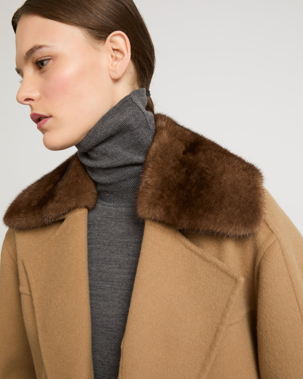 Cashmere blend pea jacket with removable mink collar - camel - Yves Salomon  – Yves Salomon US