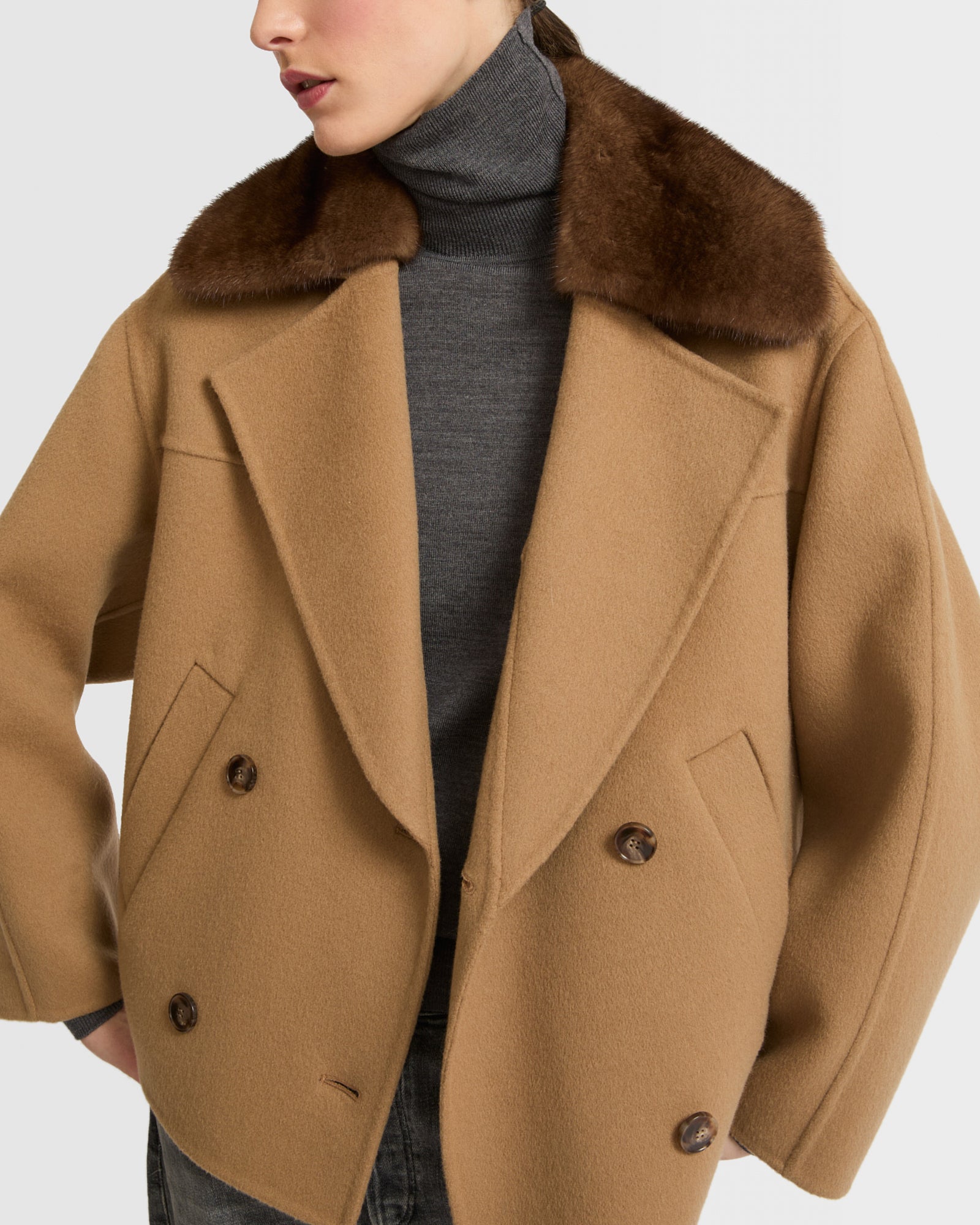 Cashmere blend pea jacket with removable mink collar -Yves Salomon