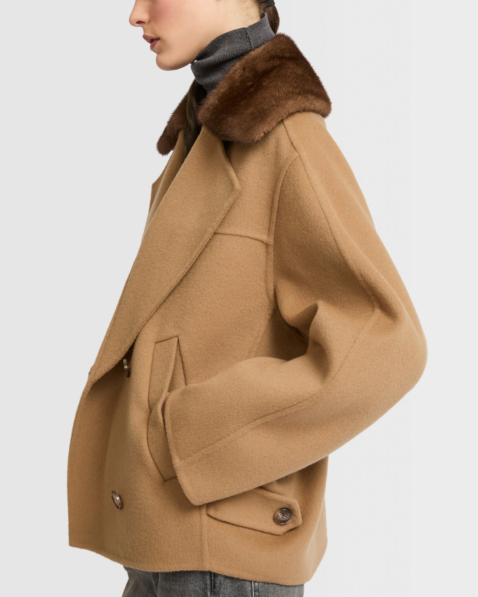 Cashmere blend pea jacket with removable mink collar -Yves Salomon