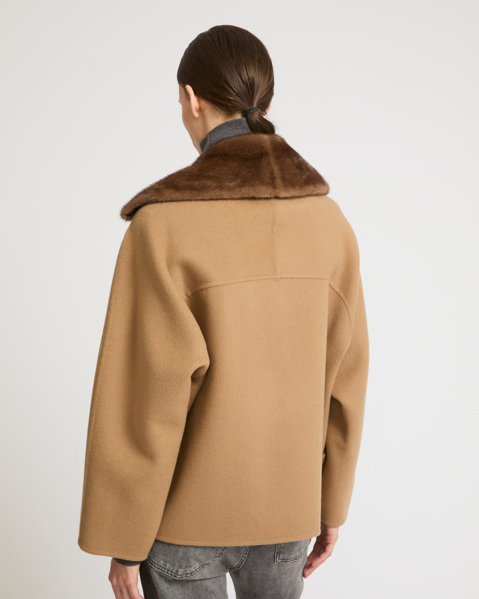 Cashmere blend pea jacket with removable mink collar -Yves Salomon