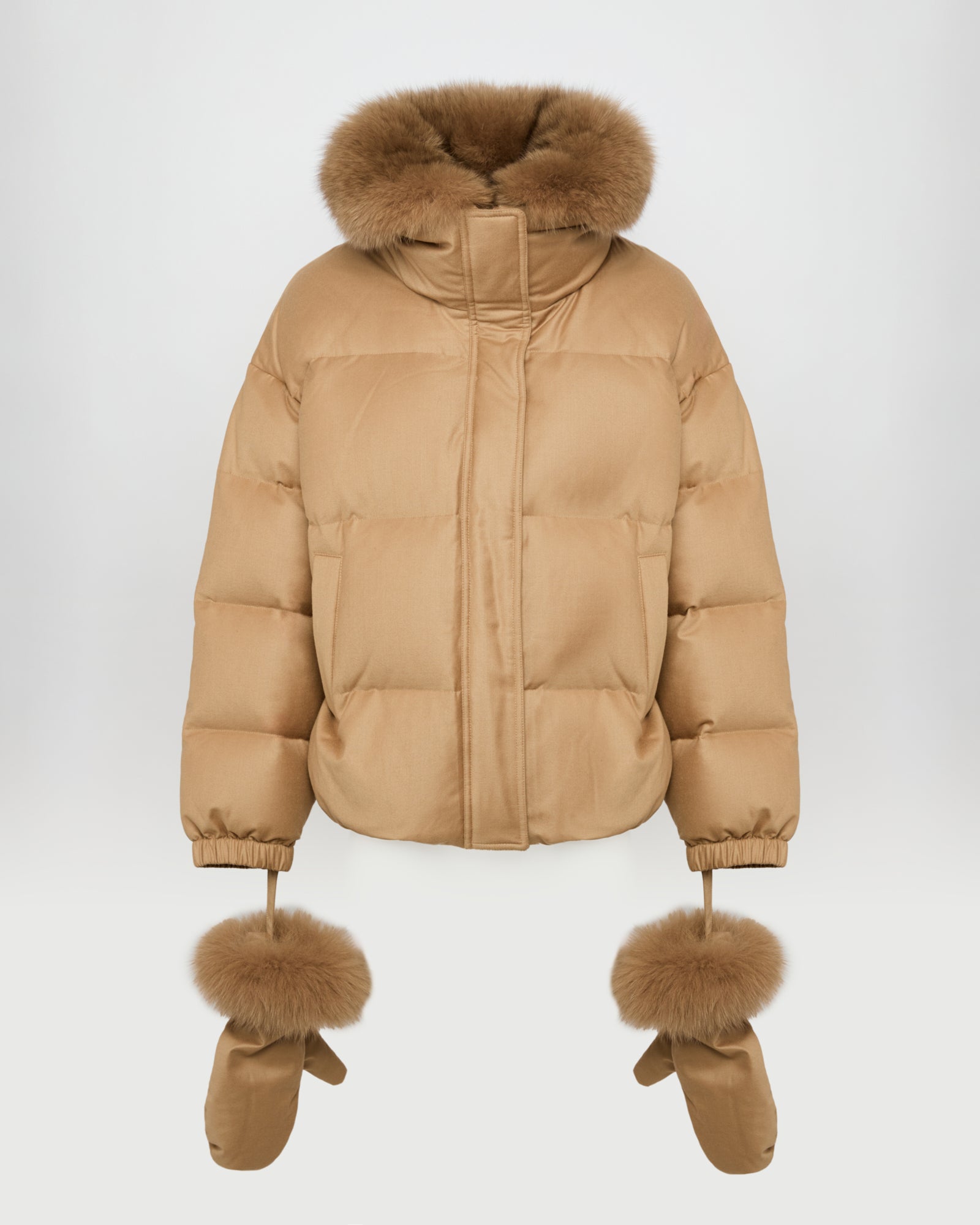 Short Loro Piana fabric down jacket with detachable fox fur collar and mittens -Yves Salomon