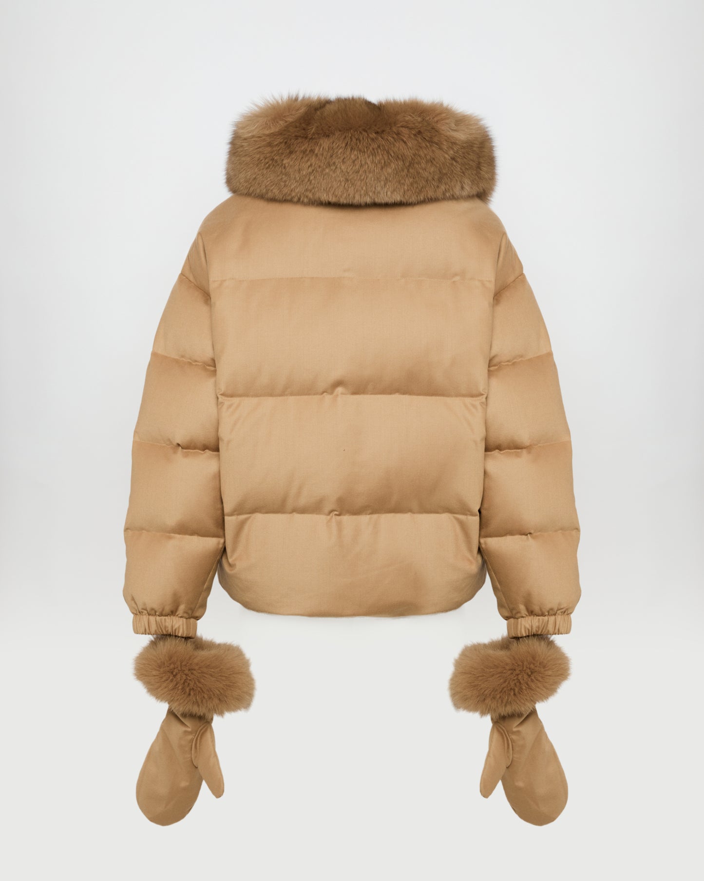 Short Loro Piana fabric down jacket with detachable fox fur collar and mittens -Yves Salomon